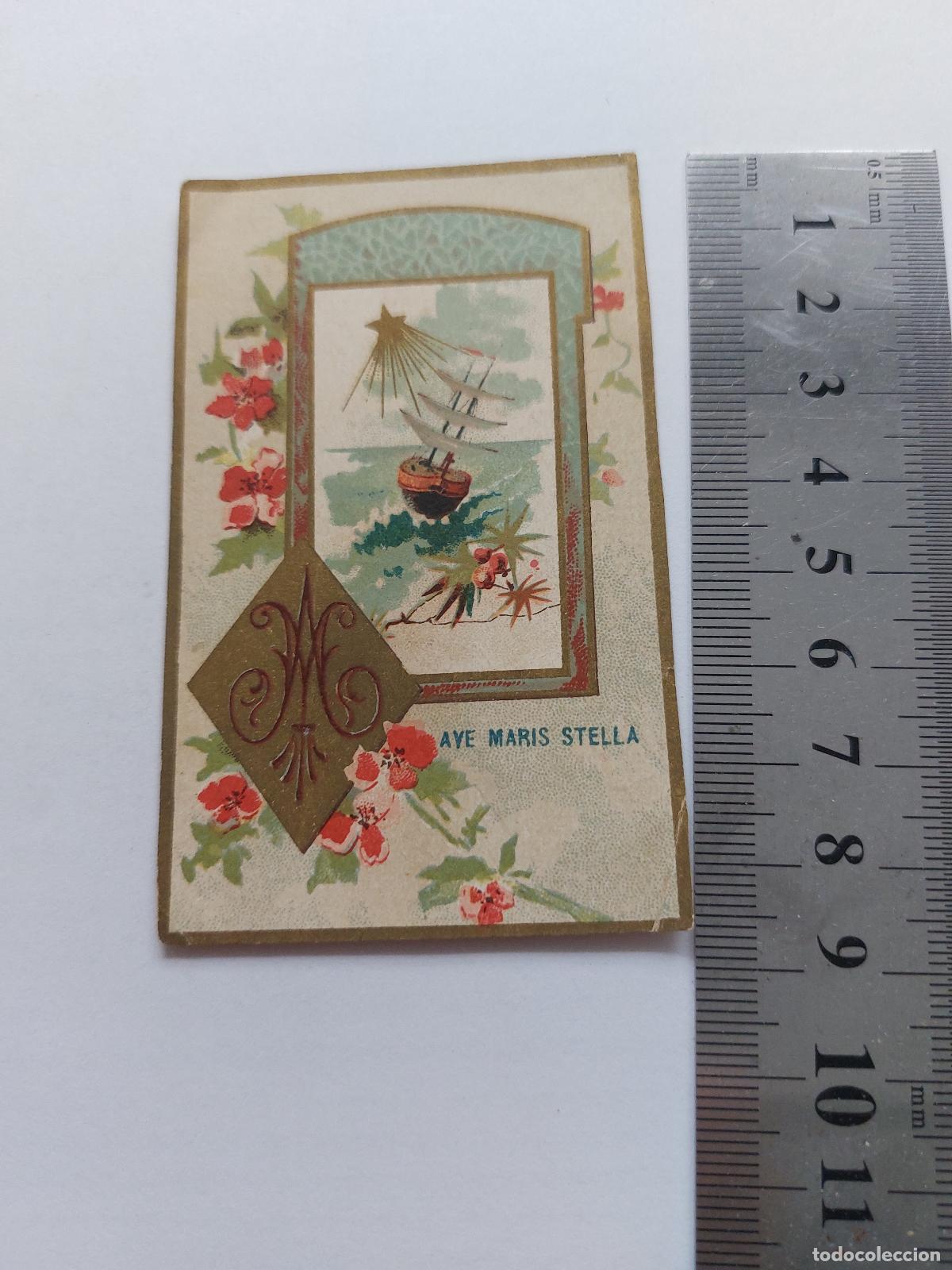 Cartoline: Estampa con motivo religioso Ave Maris Stella y barco decorativo