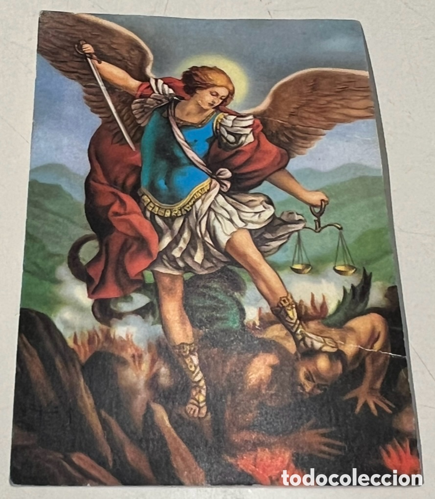 Postales: Estampa Religiosa. SAN Miguel Arcangel. Con oraci&oacute;n. Murcia. A&ntilde;os 70.