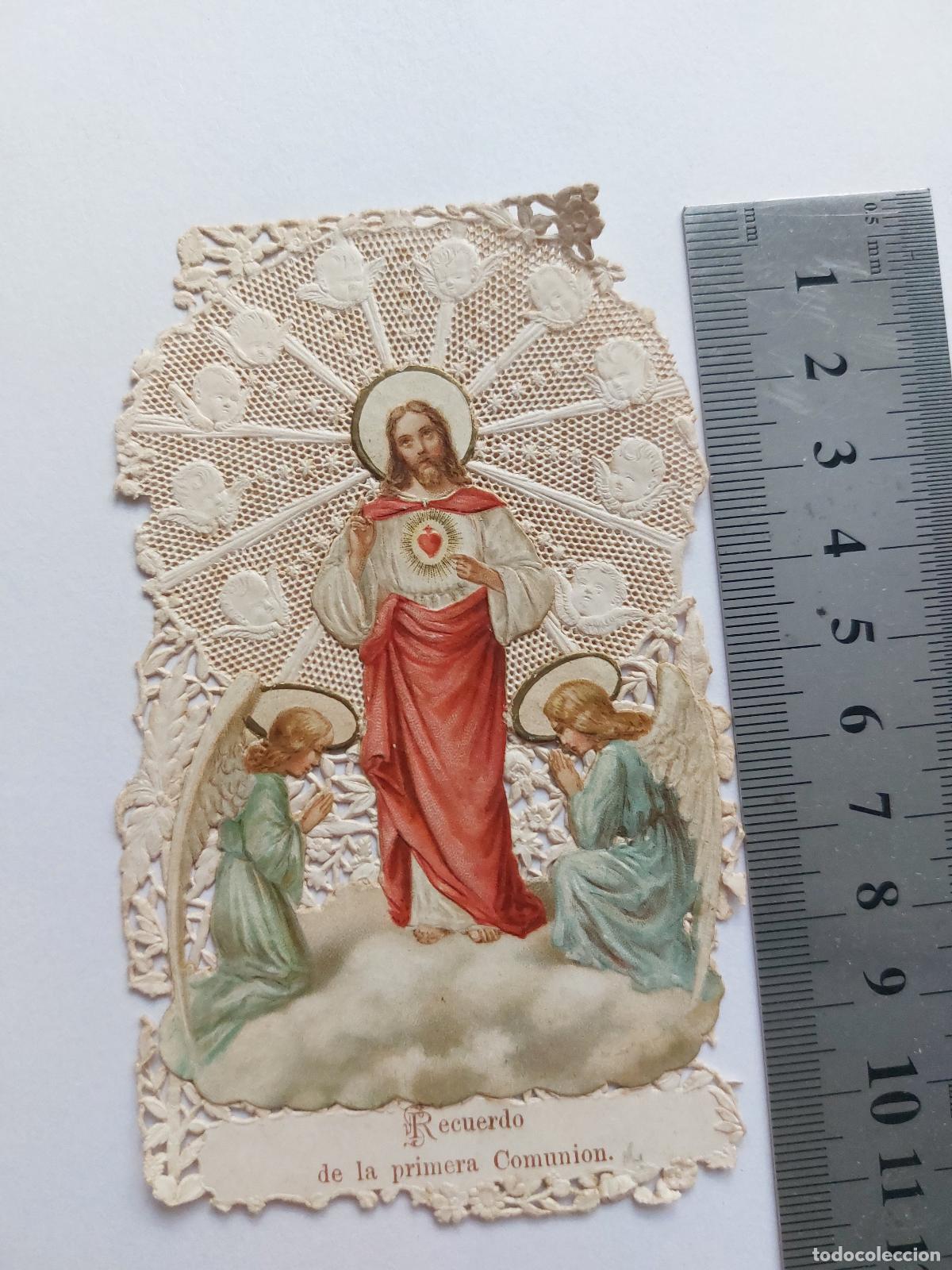 Postales: Estampa antigua de Recuerdo de Primera Comuni&oacute;n con Sagrado Coraz&oacute;n