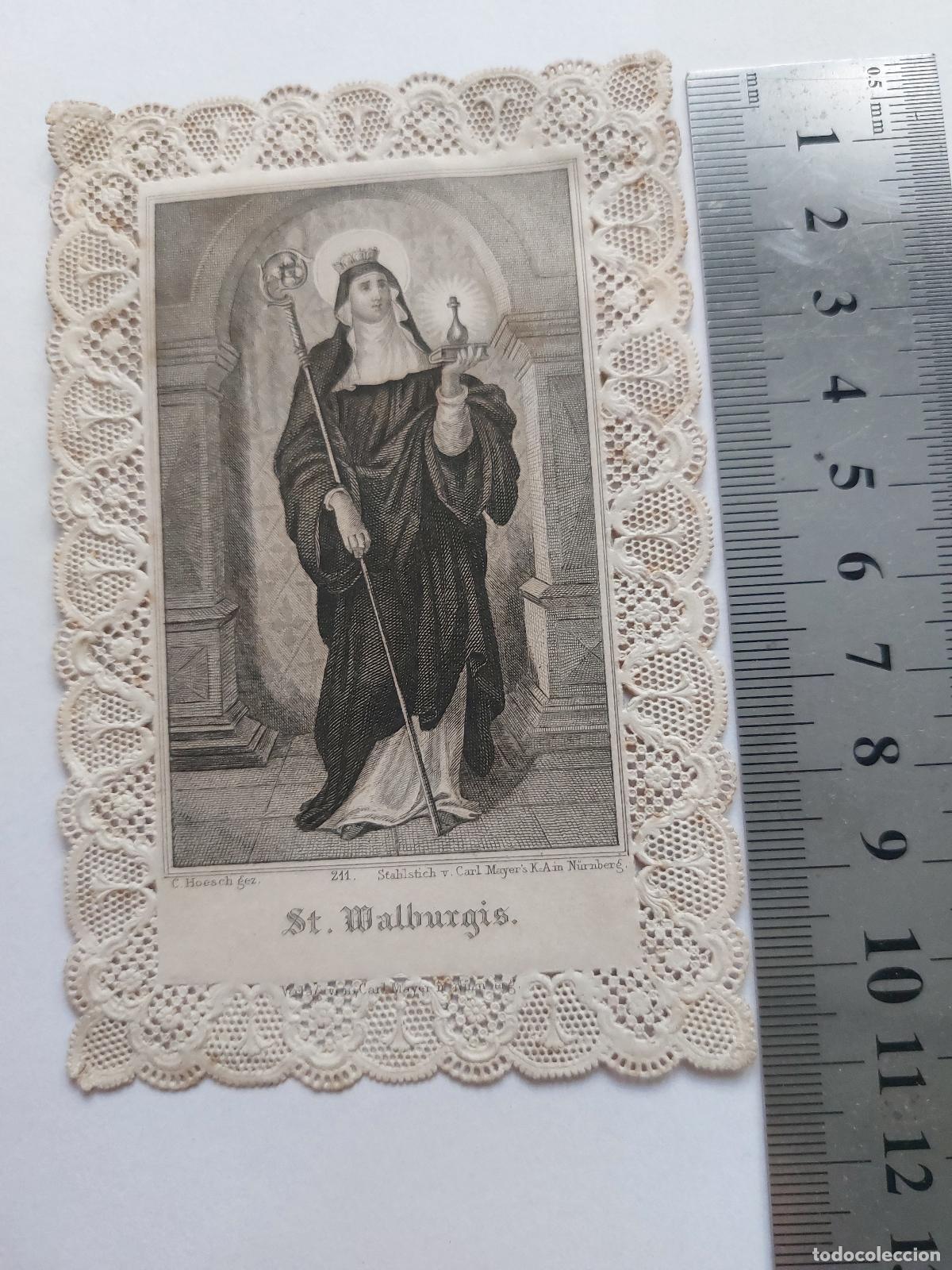 Postales: Estampa antigua de Santa Walburga con bordes de encaje de papel