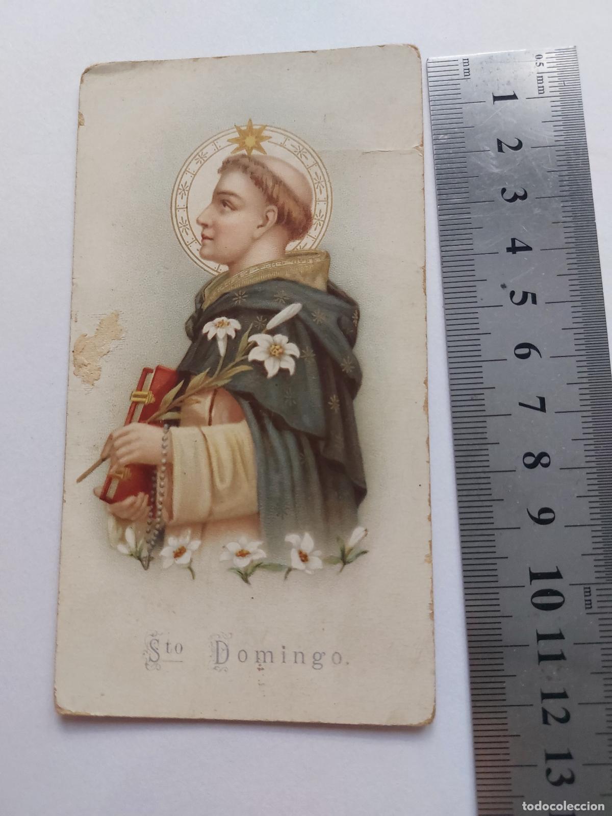 Postales: Estampa de Santo Domingo con iconograf&iacute;a religiosa