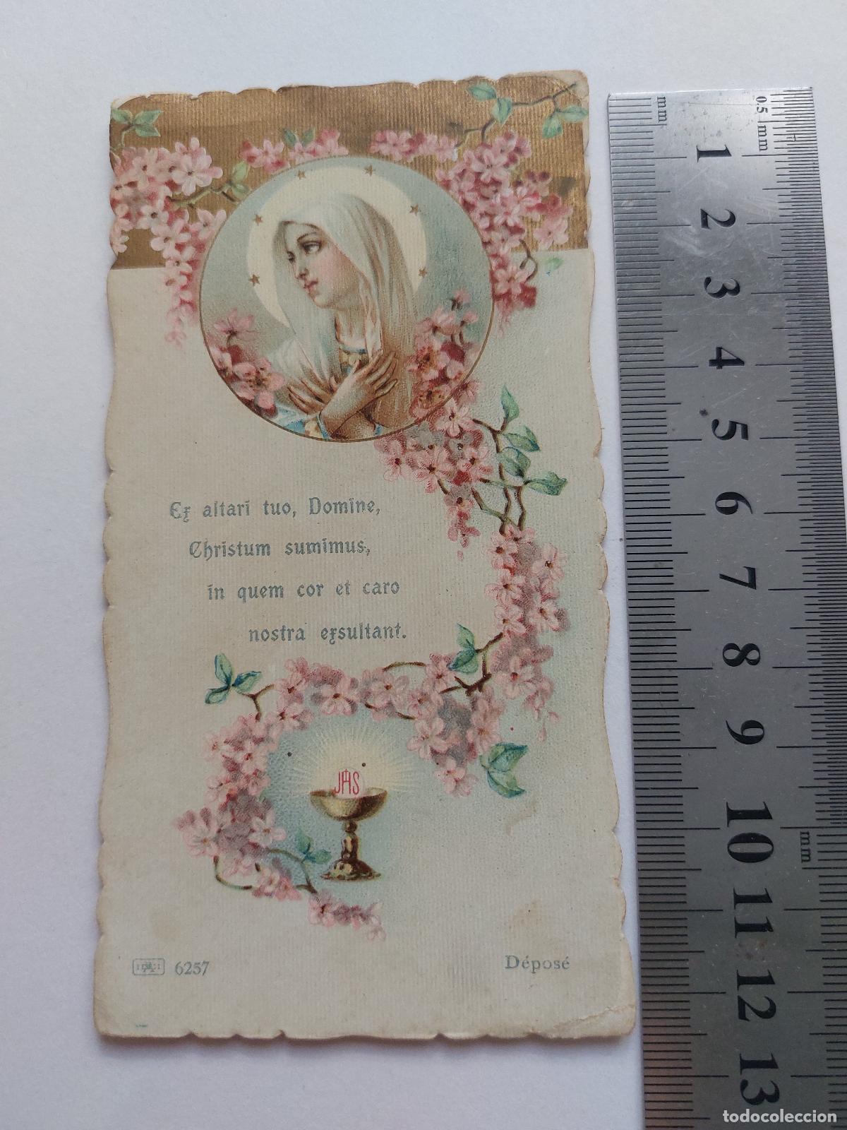Postales: Estampa religiosa con imagen de la Virgen Mar&iacute;a y motivos florales