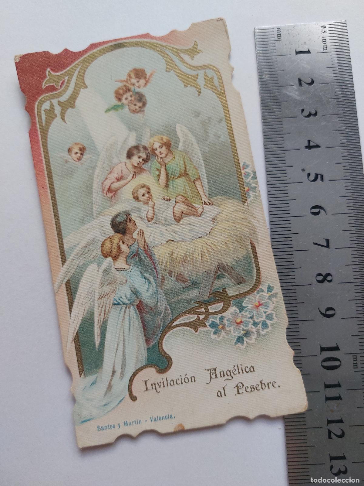 Postales: Estampa de arte religioso con invitaci&oacute;n ang&eacute;lica al pesebre