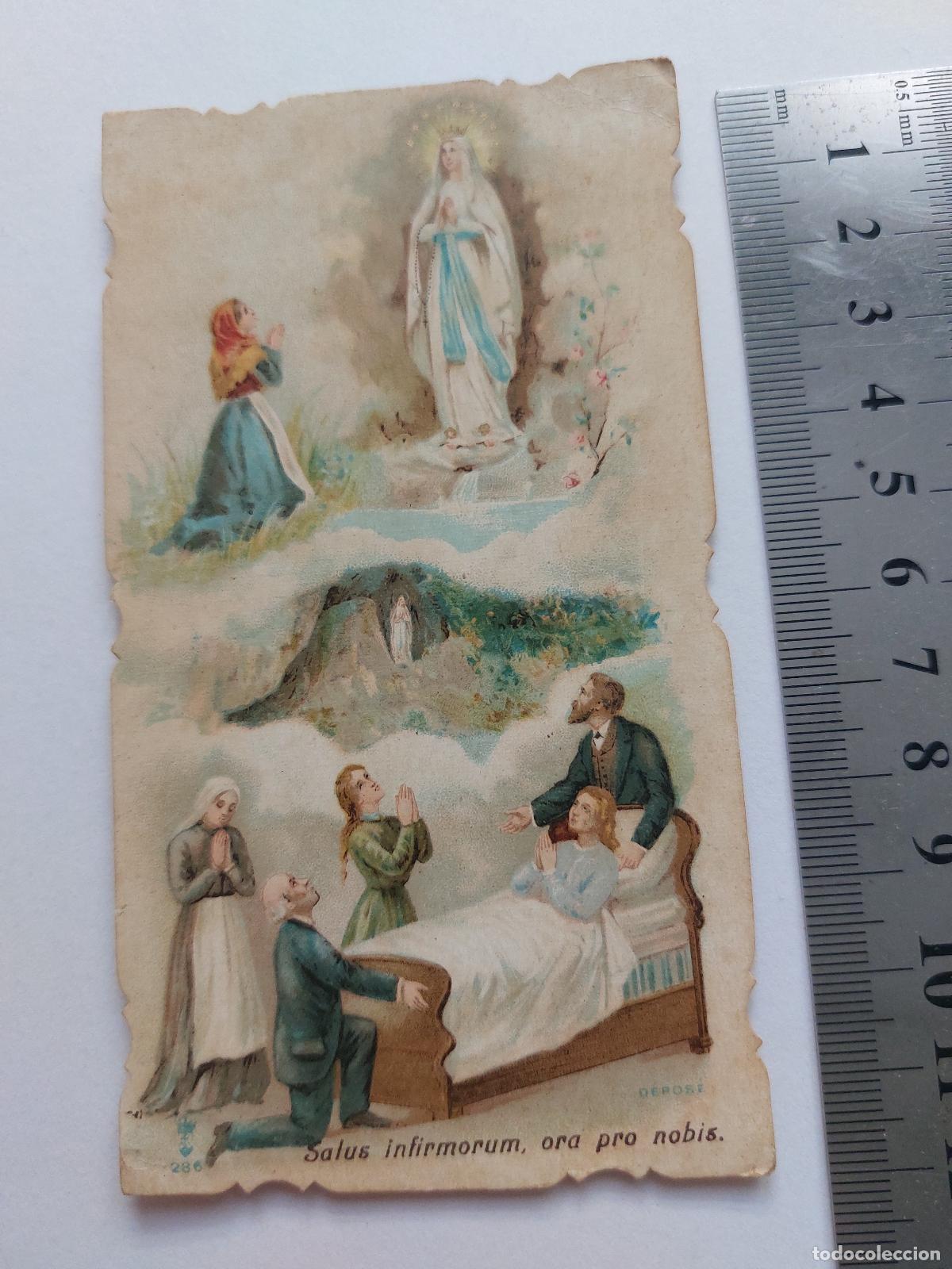 Postales: Estampa religiosa con representaci&oacute;n de la Virgen de Lourdes y enfermos