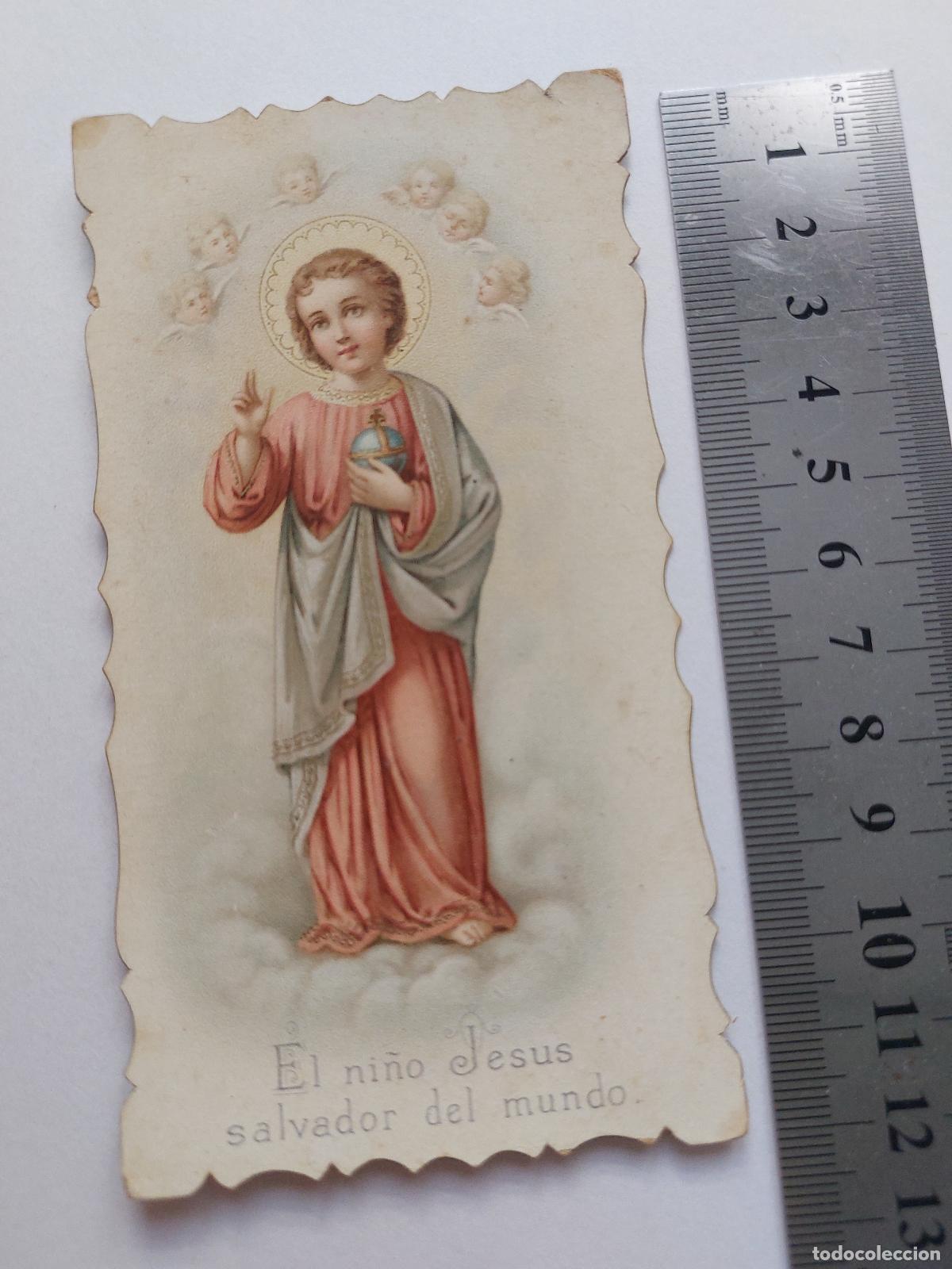 Postales: Estampa con imagen del Ni&ntilde;o Jes&uacute;s Salvador del Mundo y oraci&oacute;n religiosa