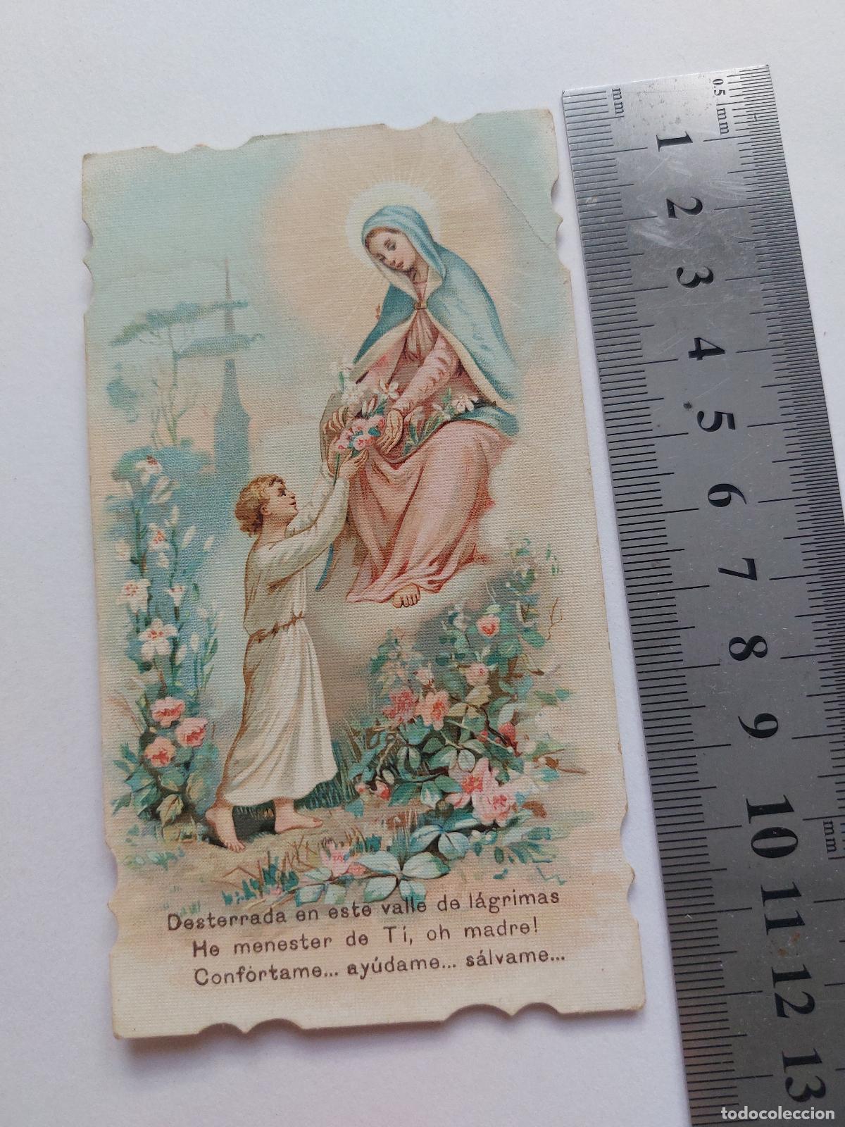 Postales: Estampa religiosa con la Virgen Mar&iacute;a y ni&ntilde;o en un jard&iacute;n