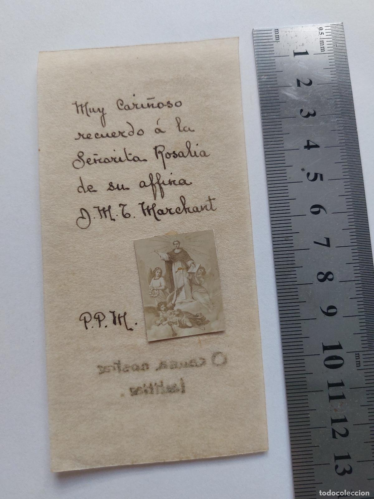 Postales: Estampa con mensaje manuscrito y peque&ntilde;a imagen religiosa