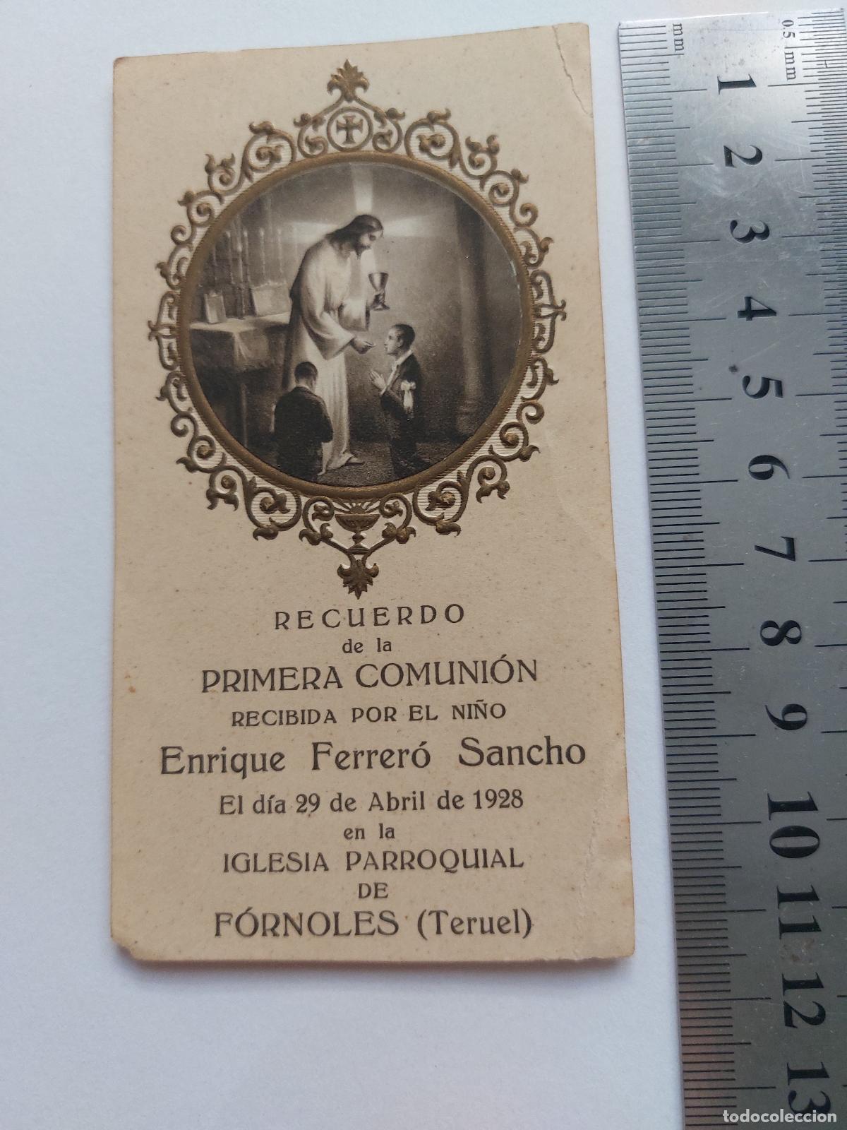 Postales: Estampa de recuerdo de Primera Comuni&oacute;n en F&oacute;rnoles, Teruel 1928