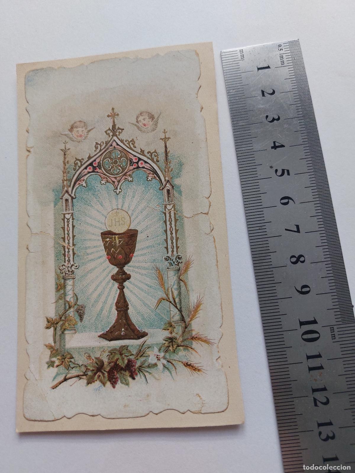 Postales: Estampa religiosa con representaci&oacute;n de c&aacute;liz y eucarist&iacute;a