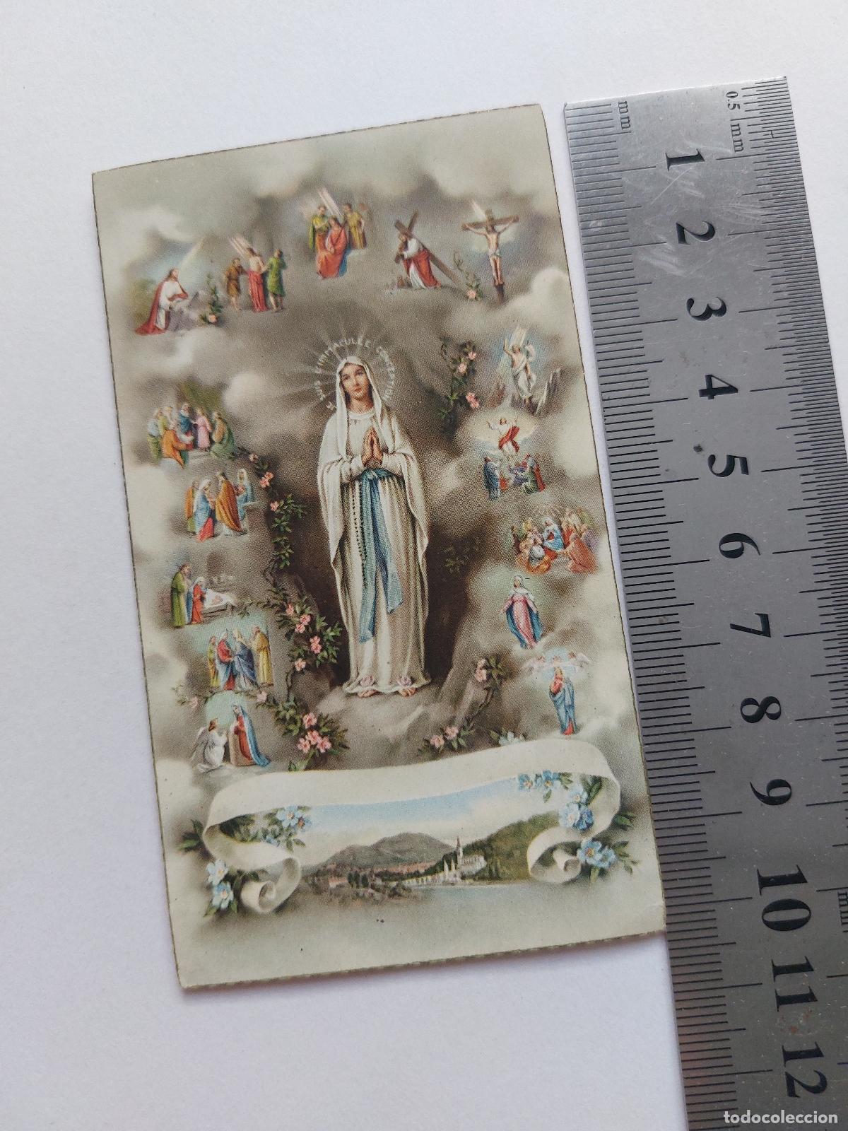 Postales: Estampa de la Virgen de Lourdes con escenas religiosas