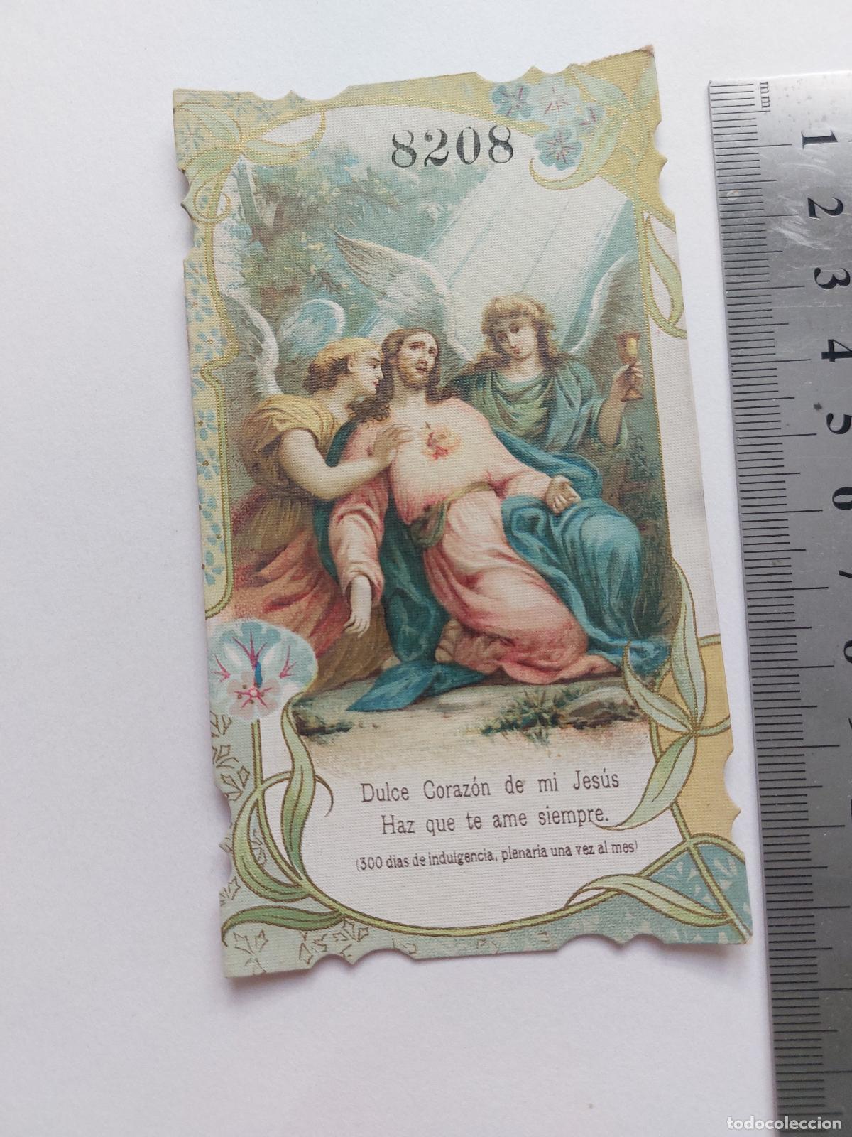 Postales: Estampa religiosa con imagen del Sagrado Coraz&oacute;n de Jes&uacute;s y &aacute;ngeles