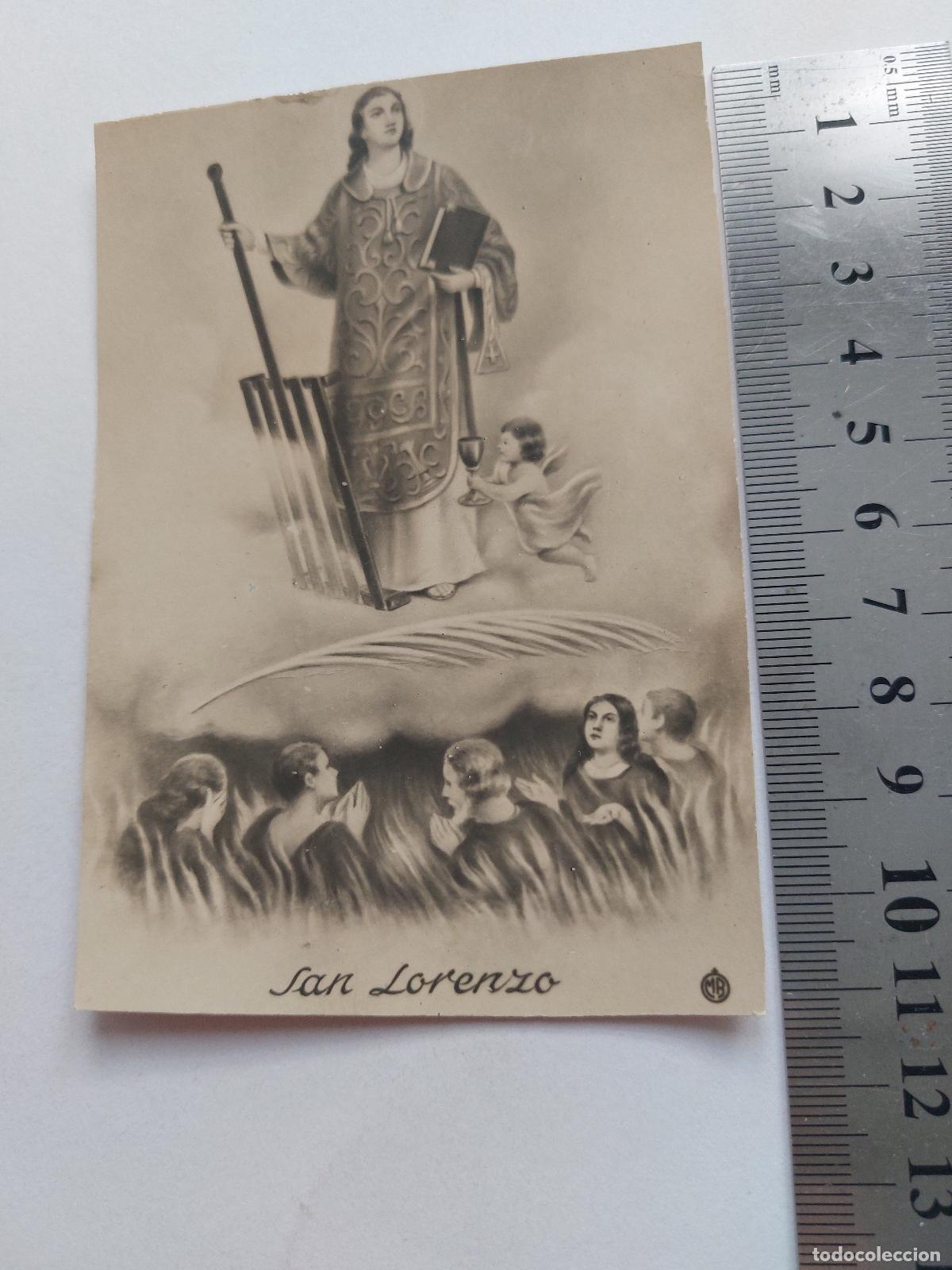 Postales: Estampa de San Lorenzo con iconograf&iacute;a religiosa