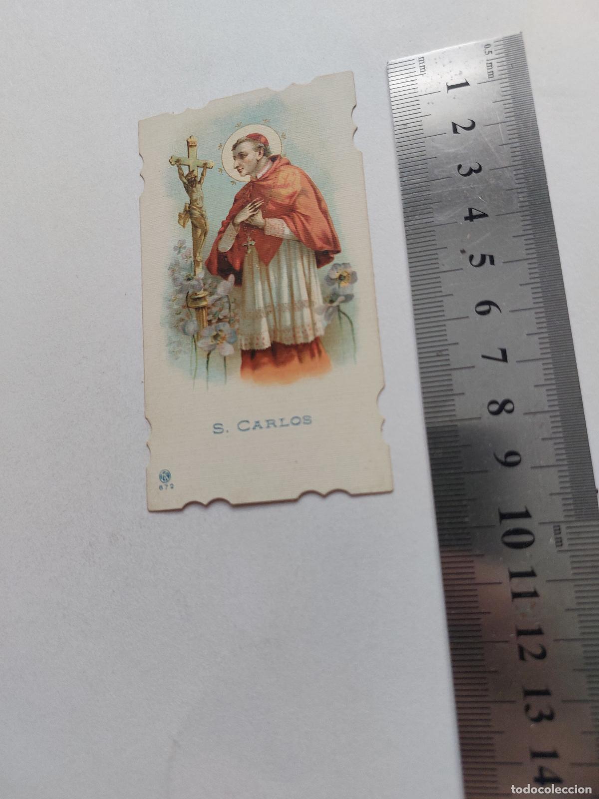 Postales: Estampa de San Carlos Borromeo con iconograf&iacute;a religiosa