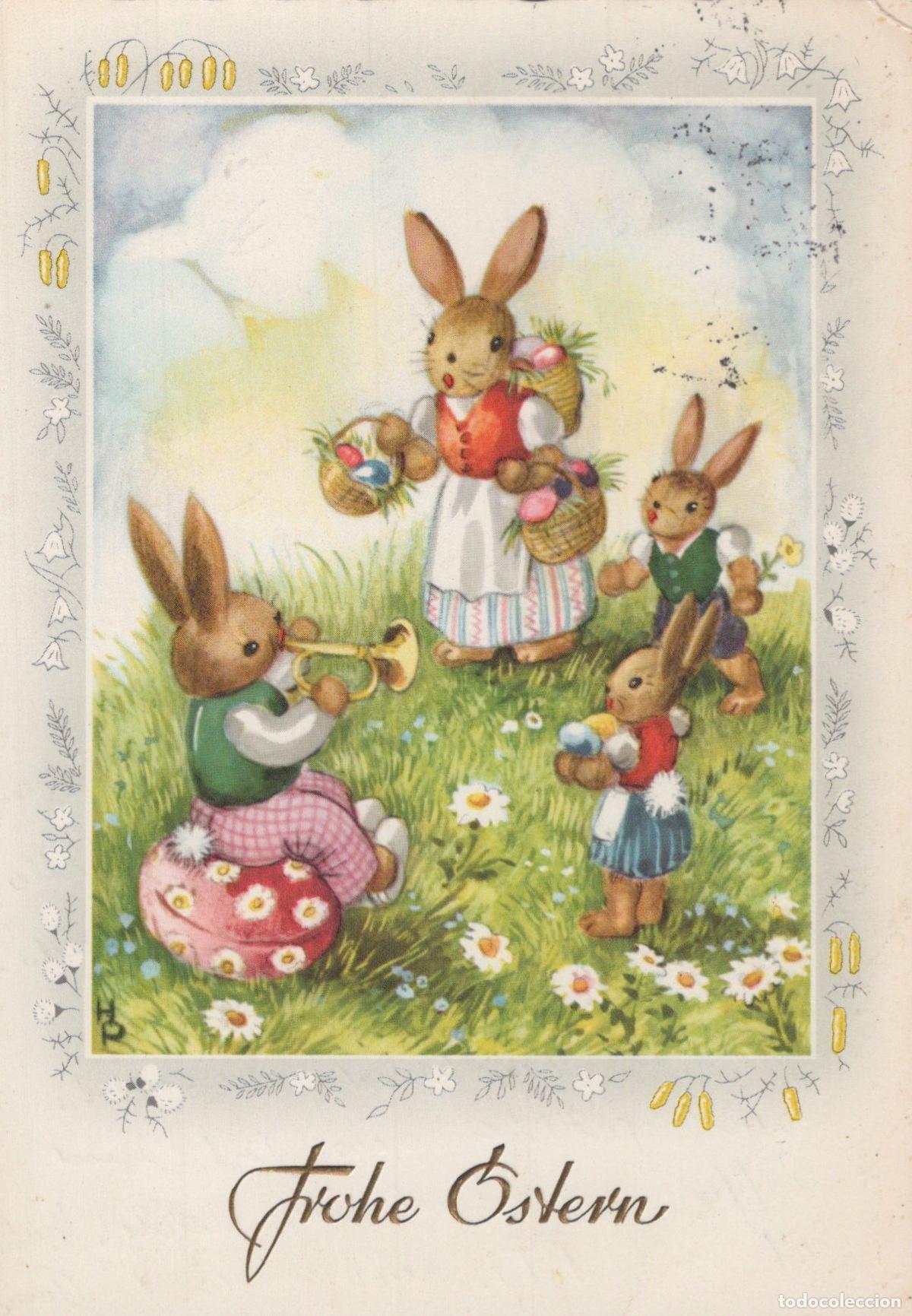 Postales: Germany Berlin Easter Bunnies Playing Music and Carrying Baskets Vintage *YAS531
