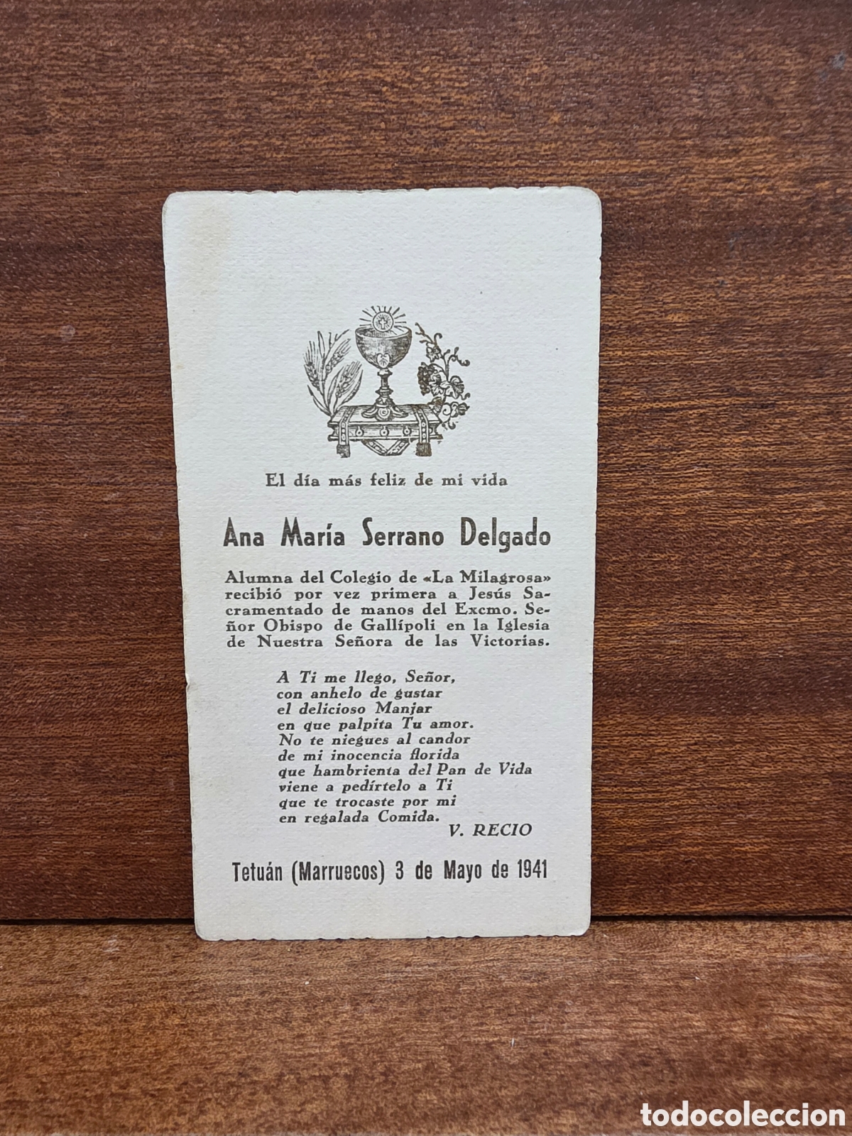 Postales: ANTIGUO &rdquo;&rdquo;RECORDATORIO DE PRIMERA COMUNI&Oacute;N&rdquo;&rdquo;...TETUAN ( MARRUECOS)...1941..