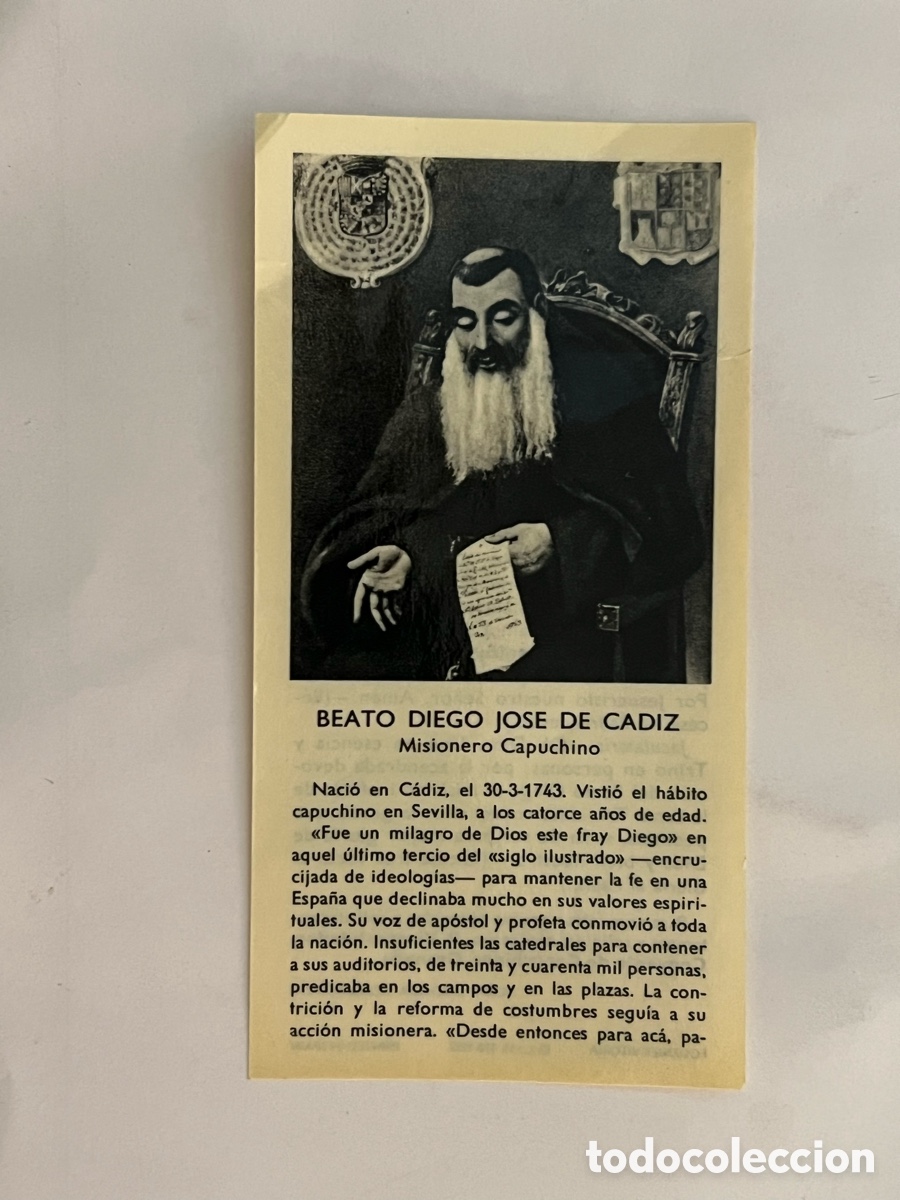 Postales: Estampa Beato Diego Jos&eacute; de C&aacute;diz misionero capuchino. Triduo - Novena. Edita: Fournier (a.1982)