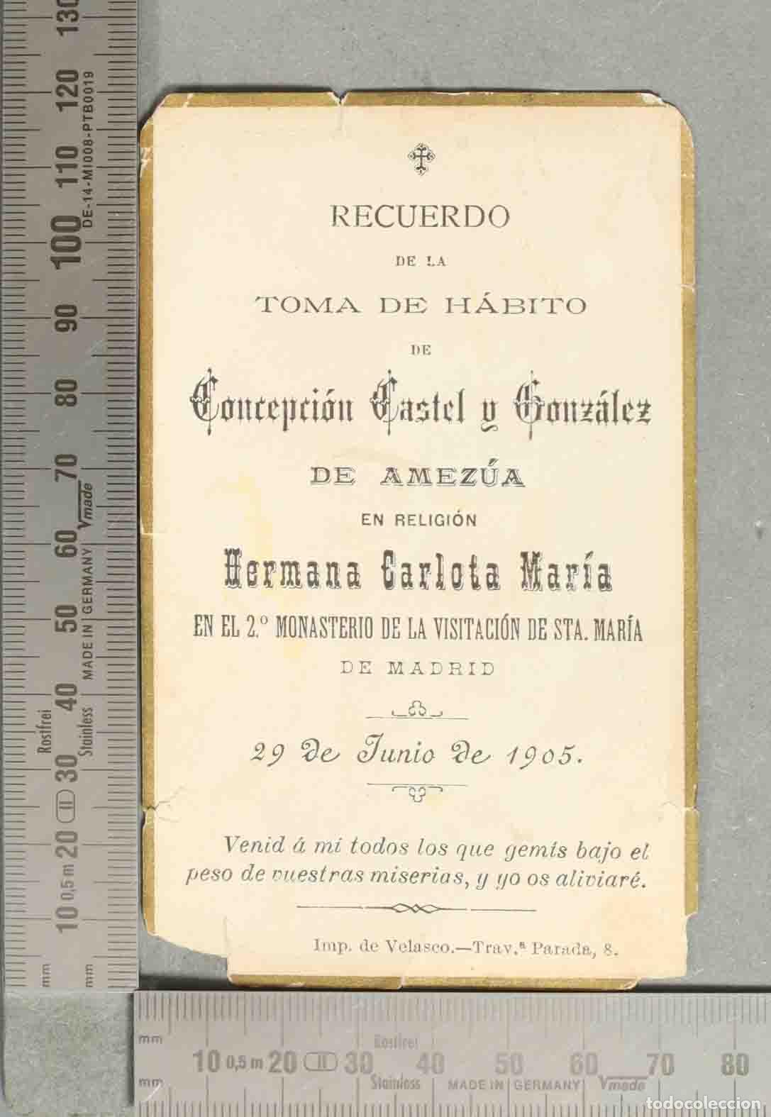 Postales: ESTAMPA. Recuerdo de la Toma de H&aacute;bito de Concepci&oacute;n Castel y Gonz&aacute;lez de Amez&uacute;a (Hermana Carlota