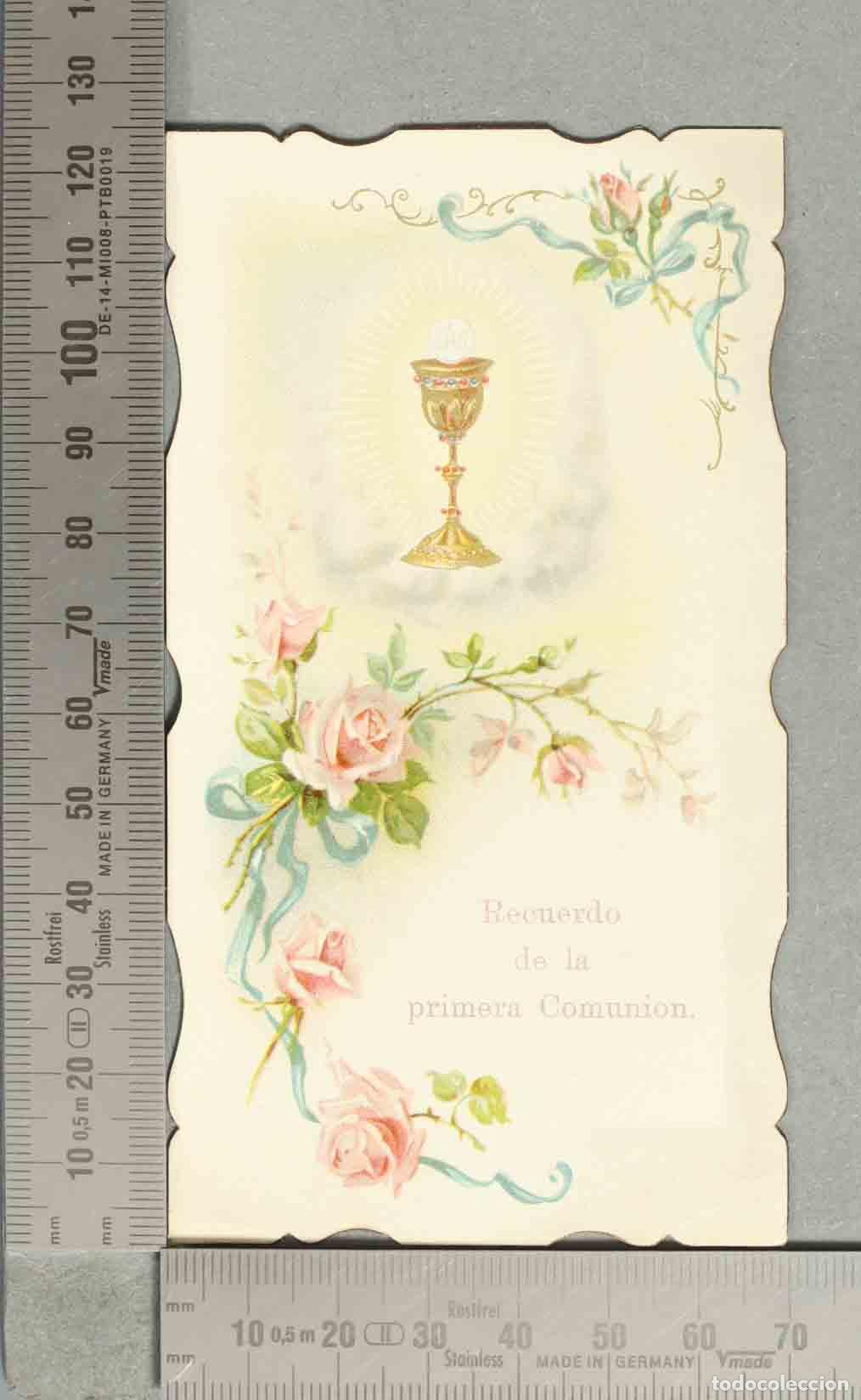 Postales: ESTAMPA. Recuerdo de la primera Comuni&oacute;n - C&aacute;liz y flores