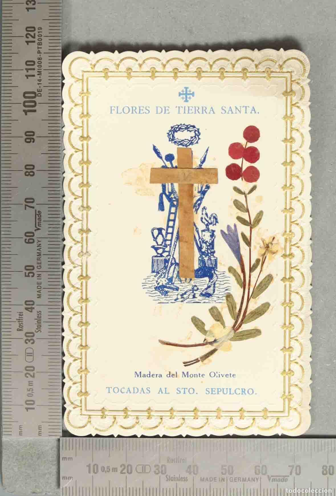 Postais: ESTAMPA. RELICARIO . Flores de Tierra Santa - Madera del Monte Olivete - Tocadas al Sto. Sepulcro