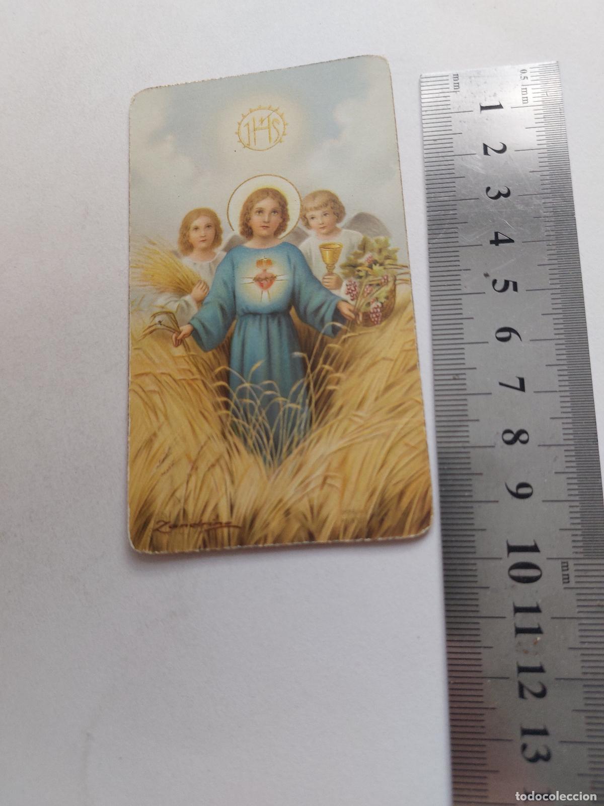 Postales: Estampa con imagen de &aacute;ngel en campo de trigo y elementos religiosos
