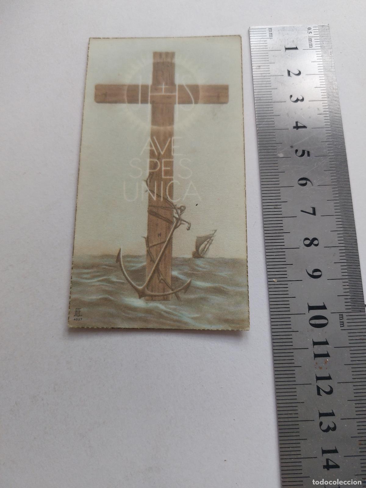 Postales: Estampa con representaci&oacute;n religiosa de cruz y ancla Ave Spes Unica