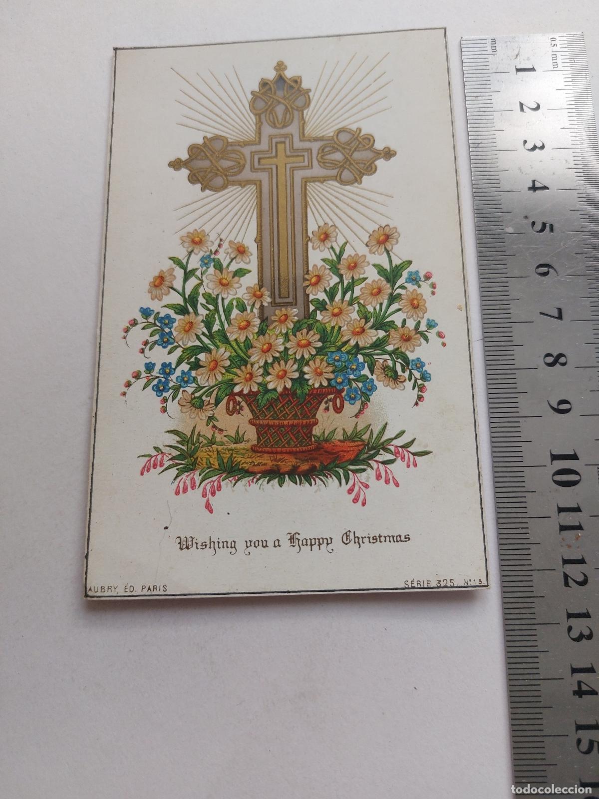 Postales: Estampa de Navidad con Cruz y Flores de Aubry Ed. Paris