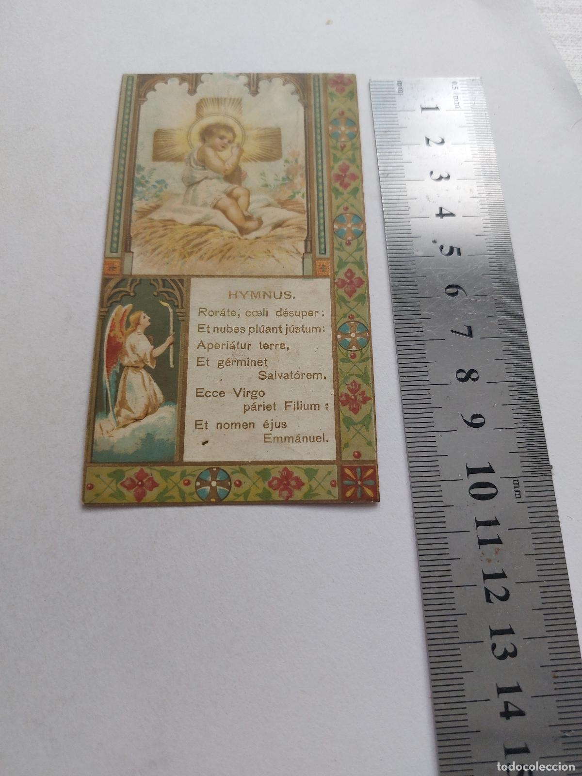 Postales: Estampa con ilustraci&oacute;n religiosa de ni&ntilde;o Jes&uacute;s y &aacute;ngel con texto en lat&iacute;n