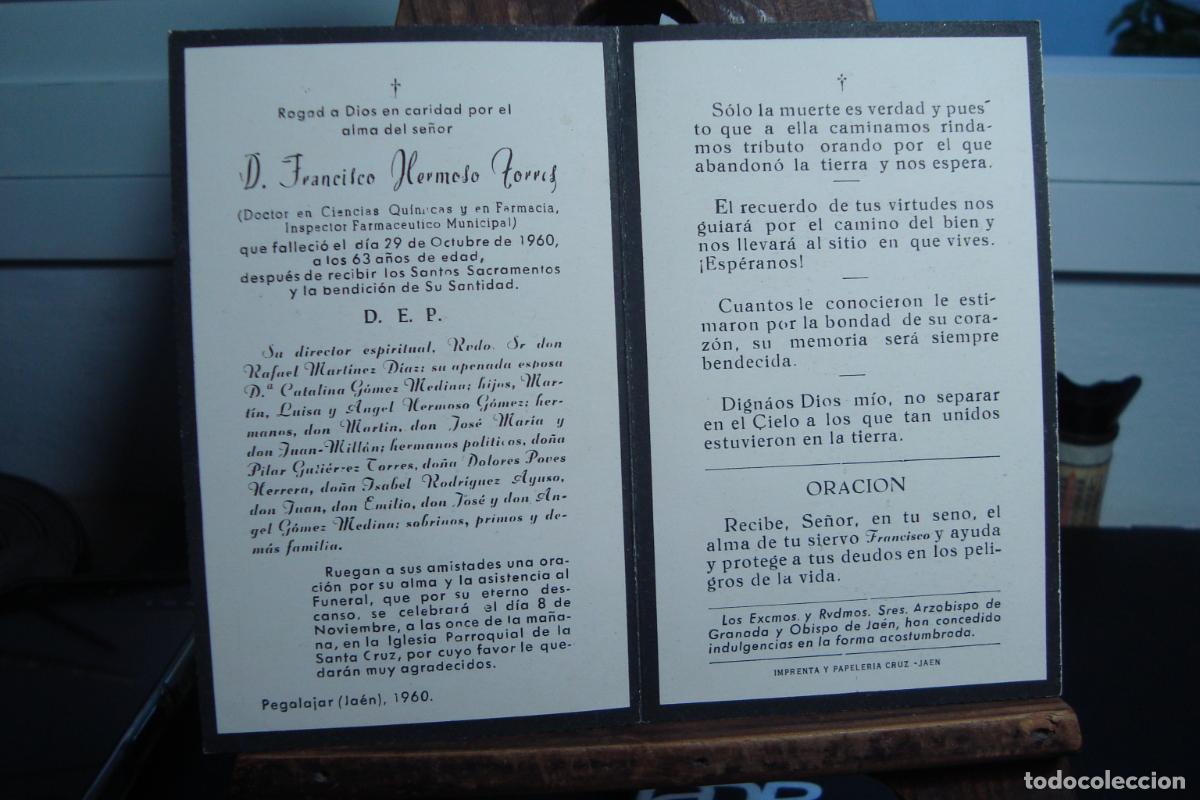 Postales: RECUERDO FUNERAL D.FRANCISCO HERMOSO TORRES. DOCTOR EN FARMACIA. PEGALAJAR JAEN 1960.