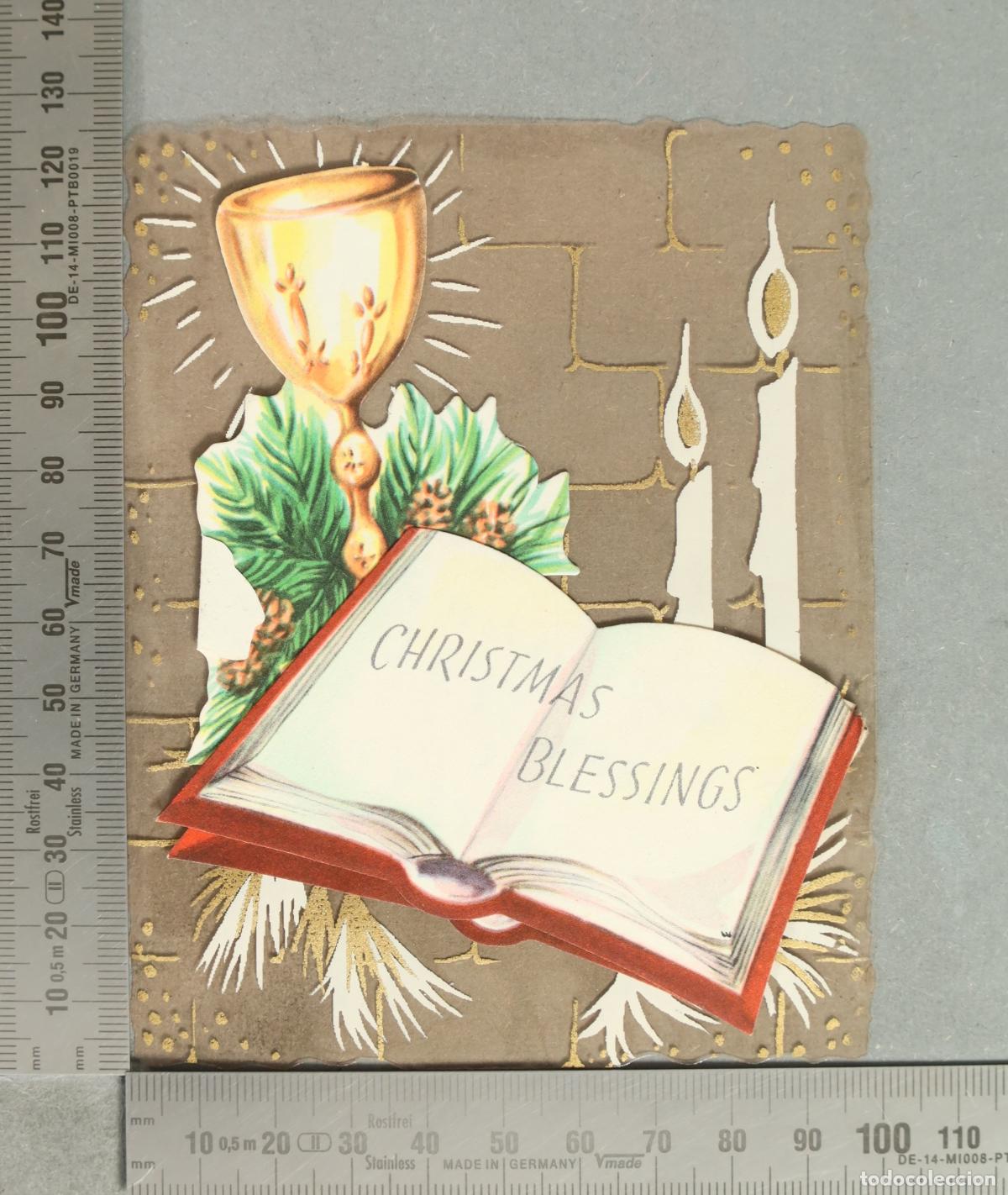 Postales: ESTAMPA. Open Bible w candles holly embossed Christmas Blessings - Chalice goblet