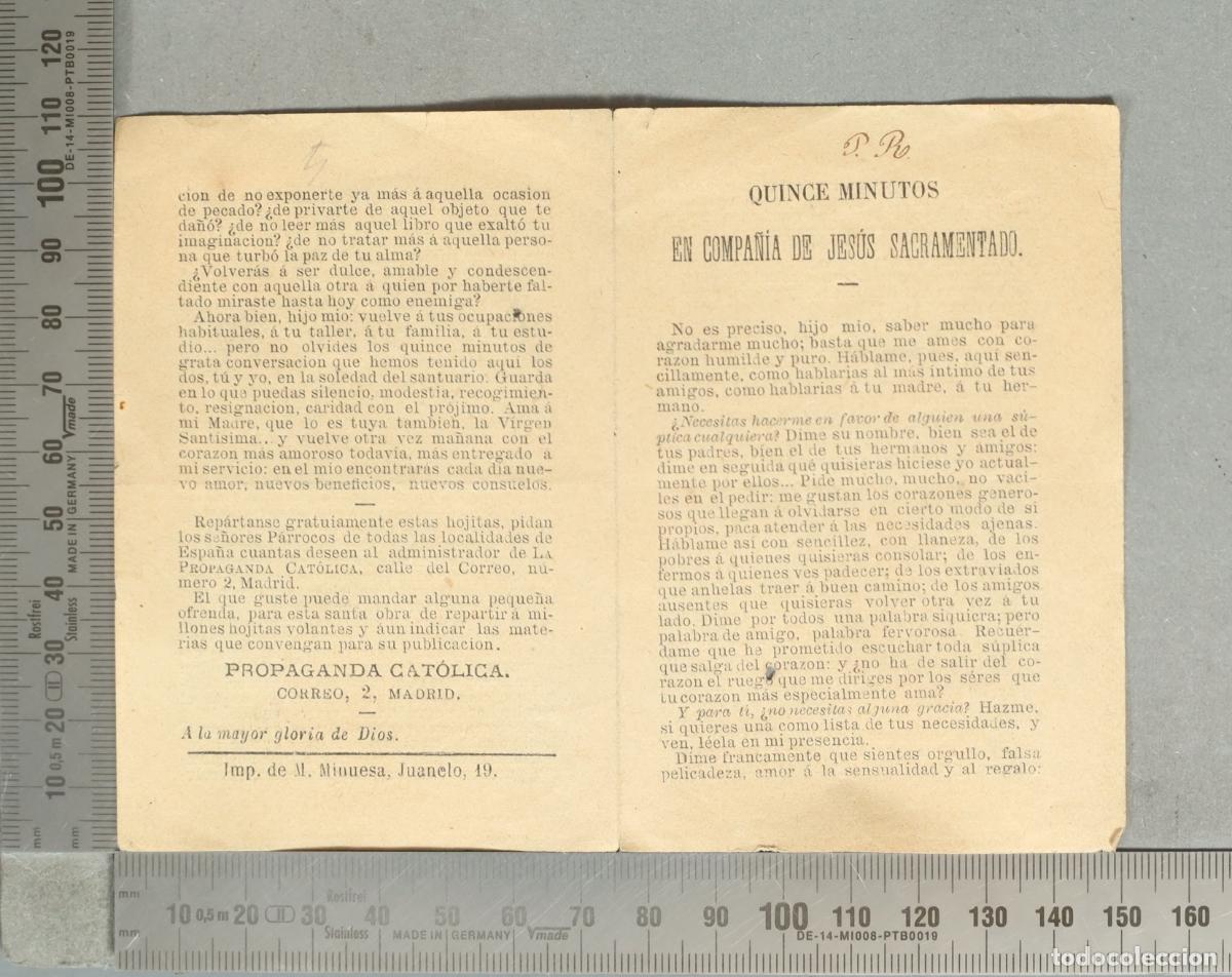 Postales: ESTAMPA. Quince minutos en compa&ntilde;&iacute;a de Jes&uacute;s Sacramentado - Propaganda Cat&oacute;lica - Imp. de M. Minuesa