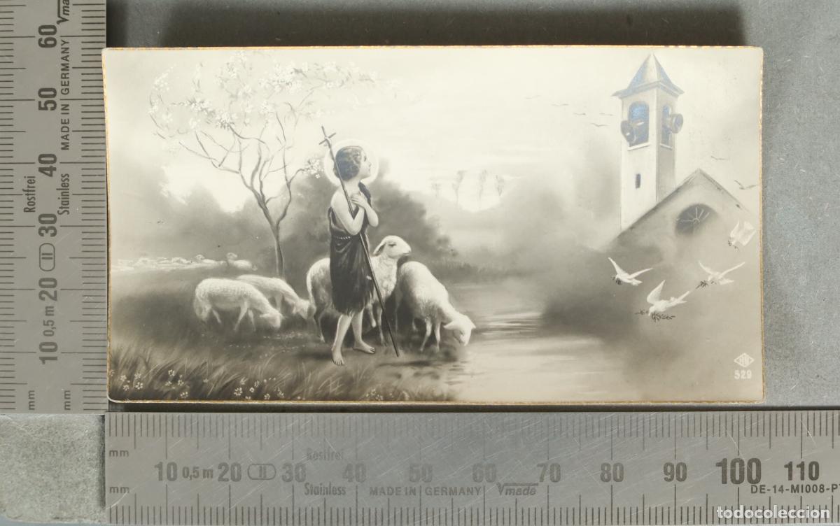 Postales: ESTAMPA. Buen Pastor con reba&ntilde;o de ovejas e iglesia - Serie 520