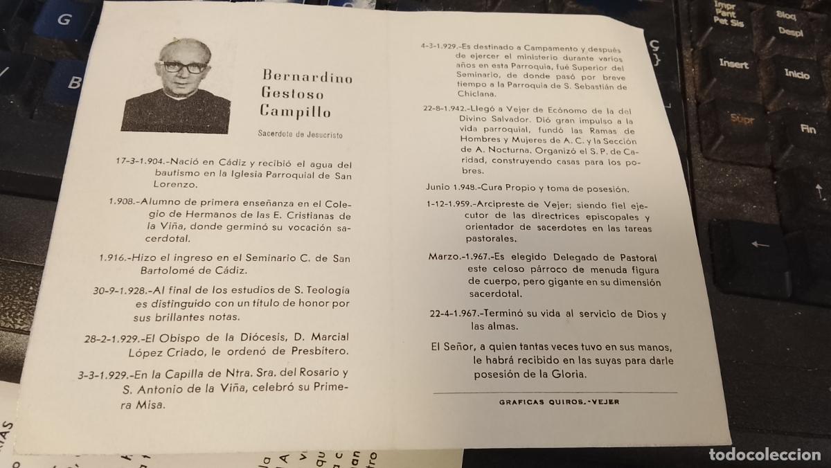 Postales: esquela recordatorio de difuntos bernardino gestoso campillo chiclana cadiz cura arcipreste vejer