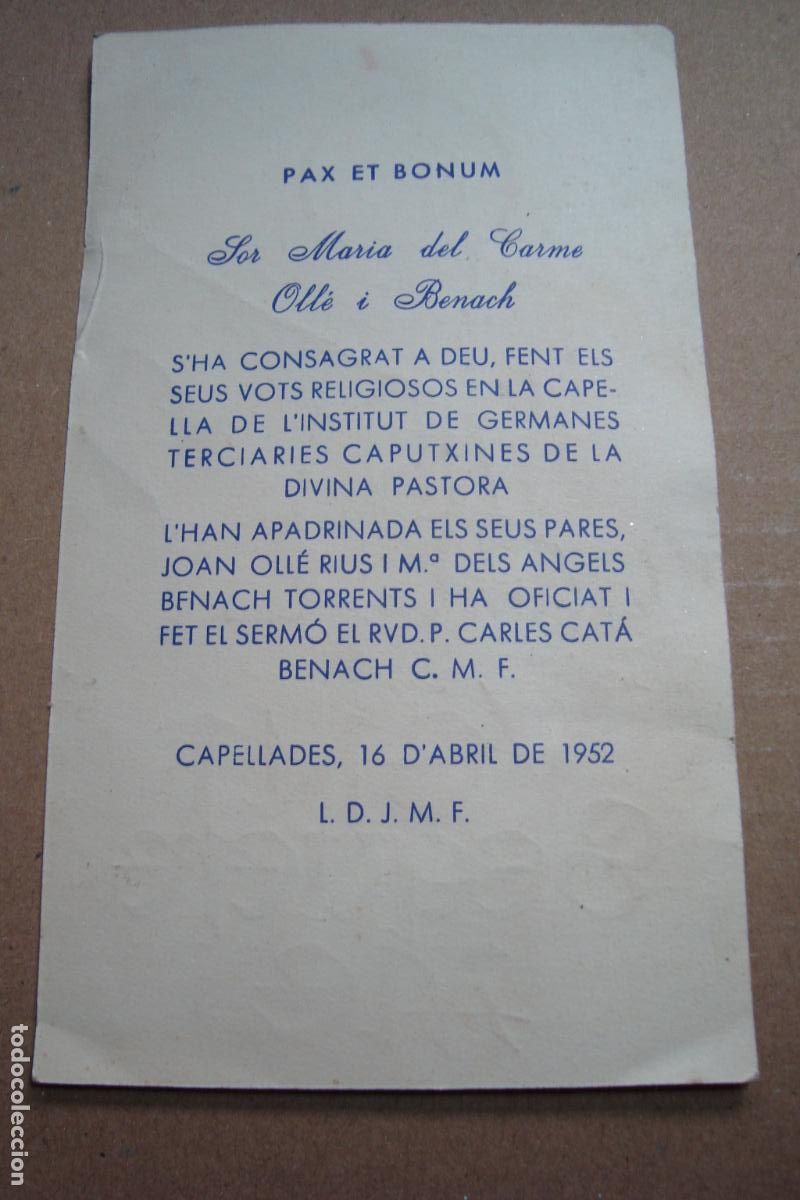 Postales: RECUERDO VOTOS RELIGIOSOS SOR MARIA DEL CARME OLLE I BENACH. CAPELLADES 1952