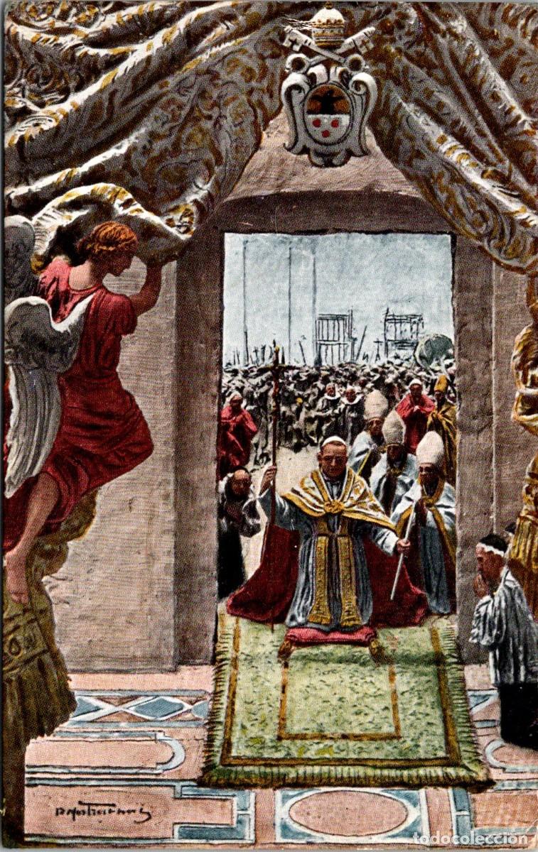 Postales: Roma - Il Pontefice genuflesso sulla soglia della Porta Santa - Ilustrador ? - E.V-R. 18 - 139x88mm