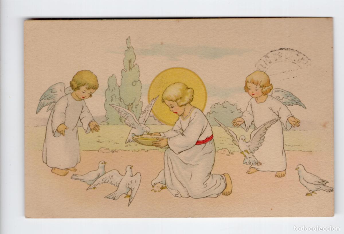 Postales: &Aacute;ngeles dando de comer a palomas, ilustraci&oacute;n infantil - Ediciones ALF - s/f (a&ntilde;os 50)