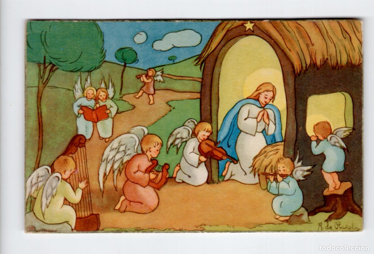 Postales: Nacimiento, Virgen con &aacute;ngeles m&uacute;sicos. M. de Ola&ntilde;eta. Ediciones Col&oacute;n / Gloria Mill, serie 106/3