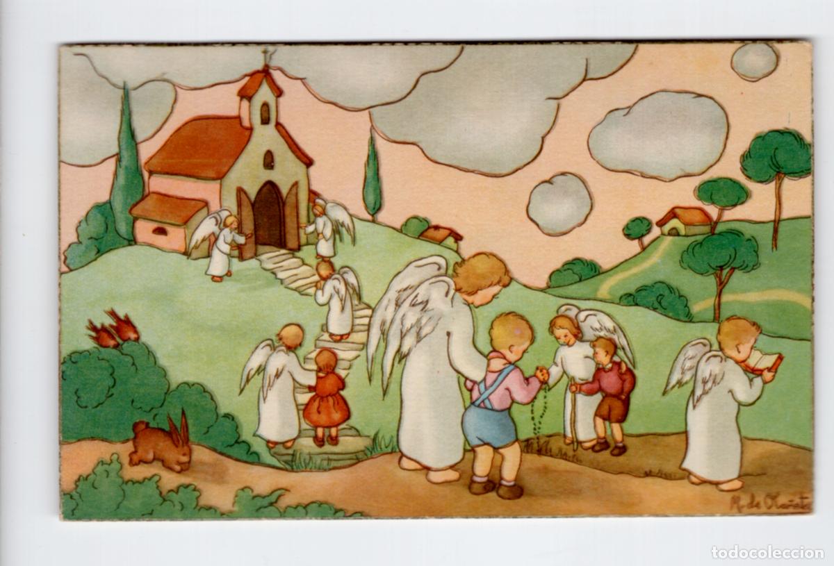 Postales: &Aacute;ngeles acompa&ntilde;ando a ni&ntilde;os a la iglesia. M. de Ola&ntilde;eta. Ediciones Col&oacute;n / Gloria Mill, serie 106/1