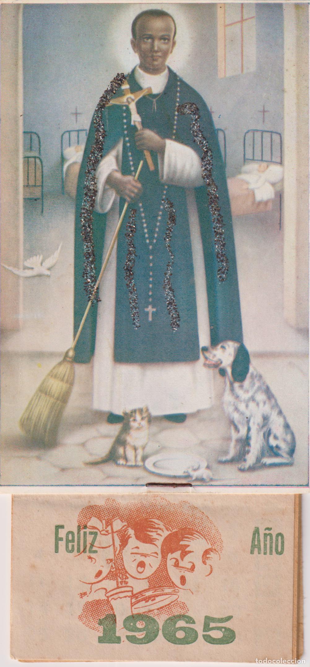 Postcards: ESTAMPA DEVOCIONAL ANTIGUA DE SAN MART&Iacute;N DE PORRES (FRAY ESCOBA) JUNTO A UN CALENDARIO DEL A&Ntilde;O 1965