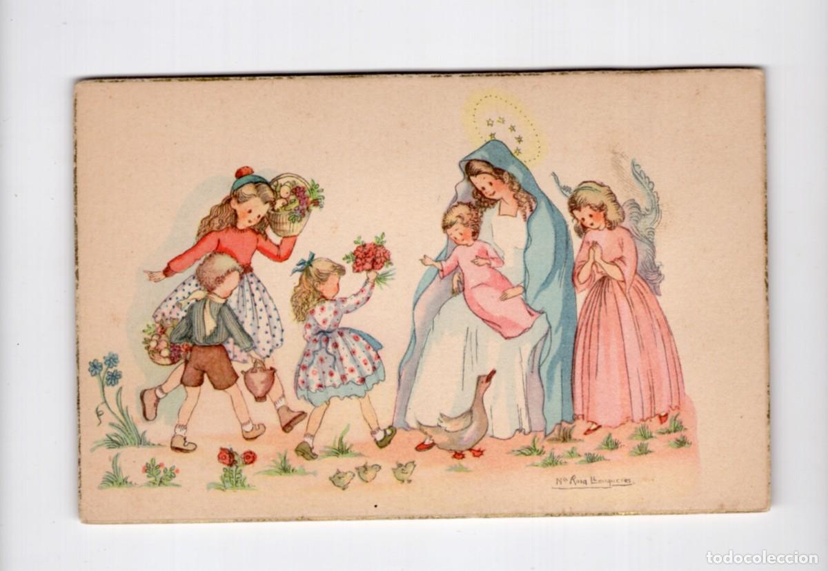 Postales: Virgen con el Ni&ntilde;o Jes&uacute;s, &aacute;ngel y ni&ntilde;os ofreciendo flores. Mar&iacute;a Rosa Llongueras. J.B.R. serie 13