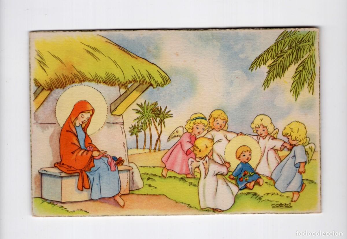 Postales: Virgen Mar&iacute;a zurciendo y Ni&ntilde;o Jes&uacute;s con angelitos. Athos Cozzi. Ediciones Col&oacute;n / Benisi serie 118/8