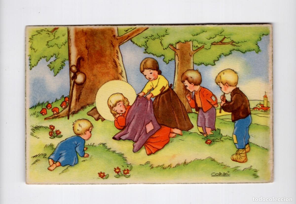 Postales: Ni&ntilde;o Jes&uacute;s arropado por pastorcillos. Atho Cozzi. Ediciones Col&oacute;n / Benisi serie 118/3