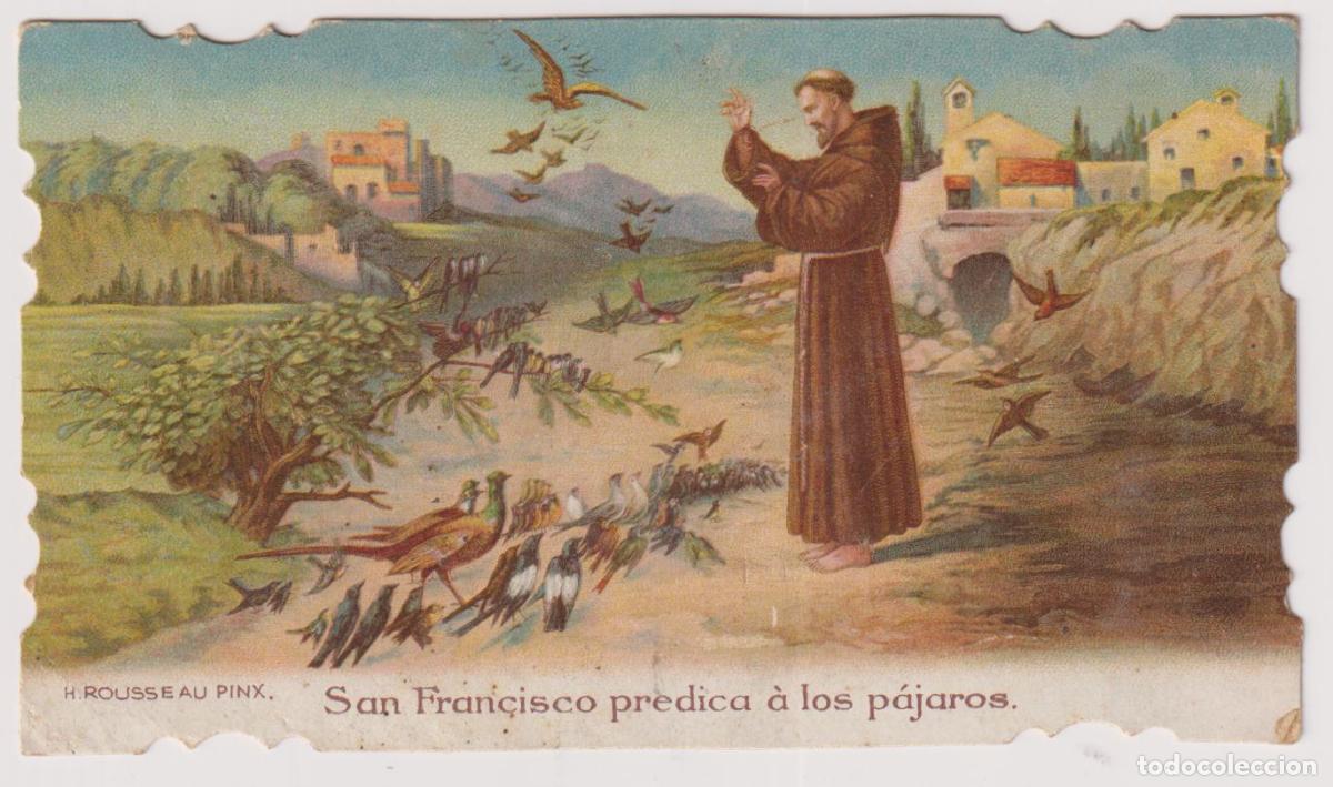 Postales: ANTIGUA ESTAMPA TROQUELADA - SAN FRANCISCO PREDICA A LOS P&Aacute;JAROS - H.ROUSSEAU PINX &ndash; 1920