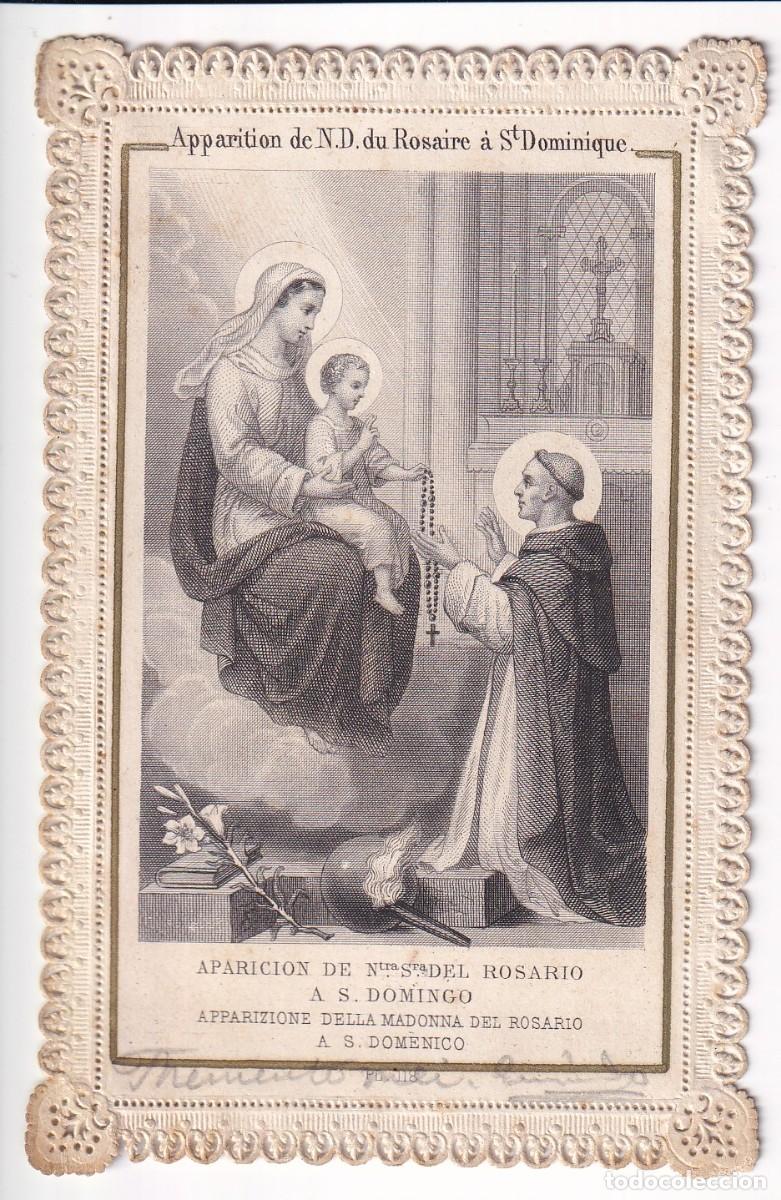 Postales: ESTAMPILLA RELIGIOSA DE PUNTILLA APARICION DE LA VIRGEN DEL ROSARIO A S. DOMINGO