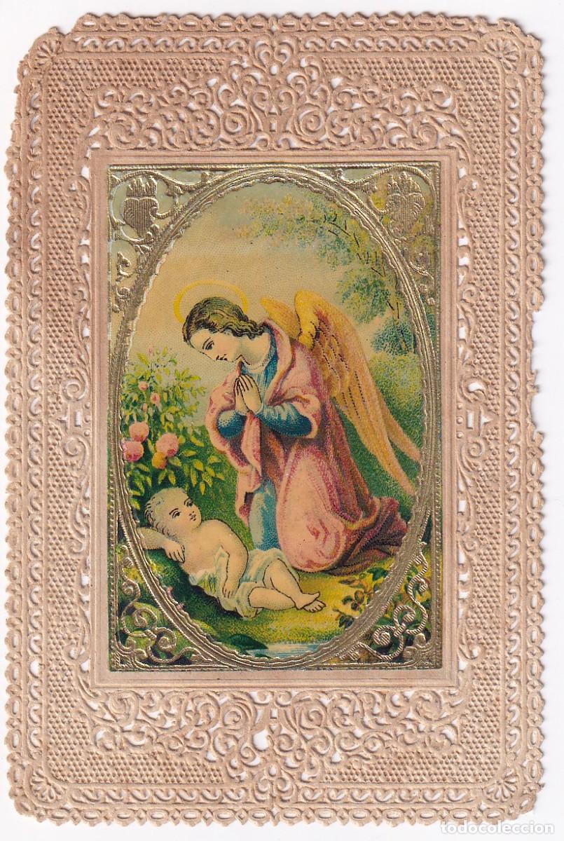 Postales: ESTAMPILLA RELIGIOSA DE PUNTILLA DE UN ANGEL CON UN NI&Ntilde;O