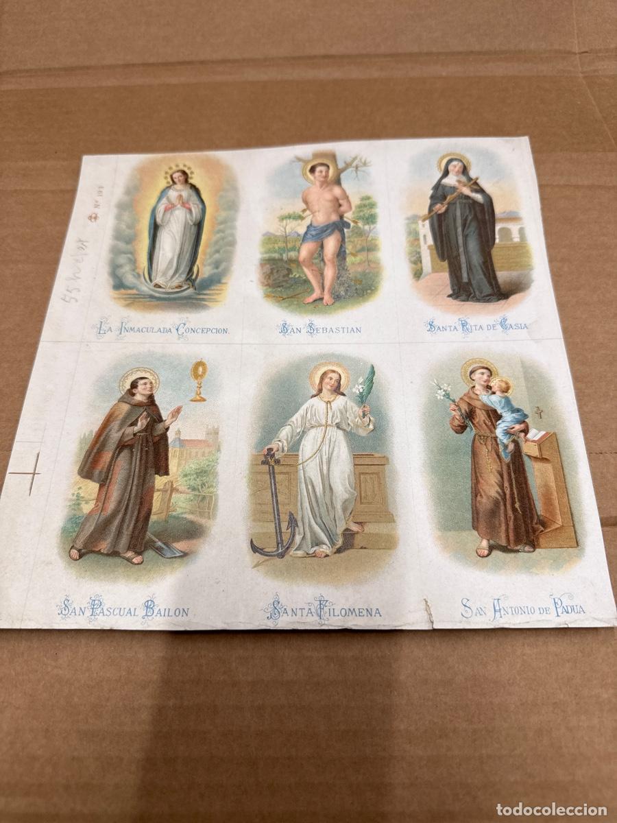 Postales: Antigua lamina con varios recordatorios o estampas religiosos o santos. A&ntilde;os 40. Sin cortar