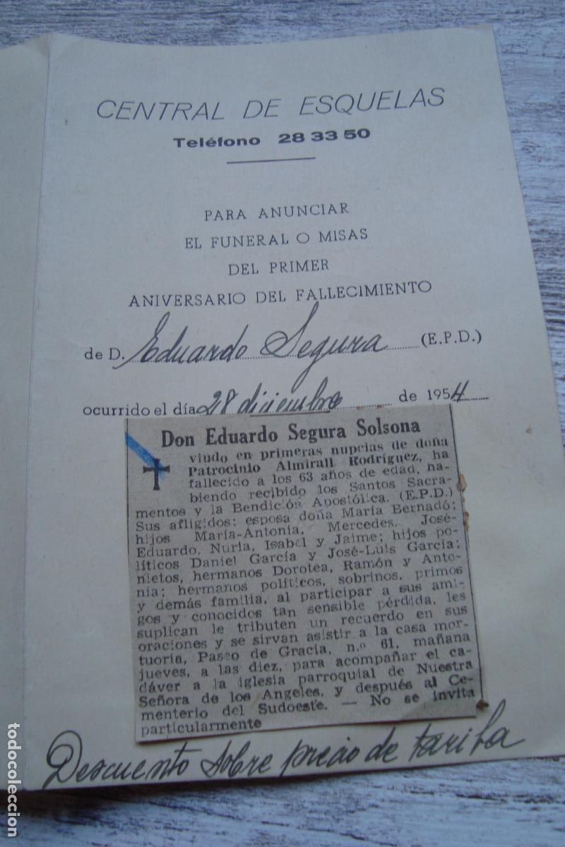 Postales: CENTRAL ESQUELAS PERIODICO LA VANGUARDIA ESPA&Ntilde;OLA 1954. ANUNCIO D. EDUARDO SEGURA SOLSONA