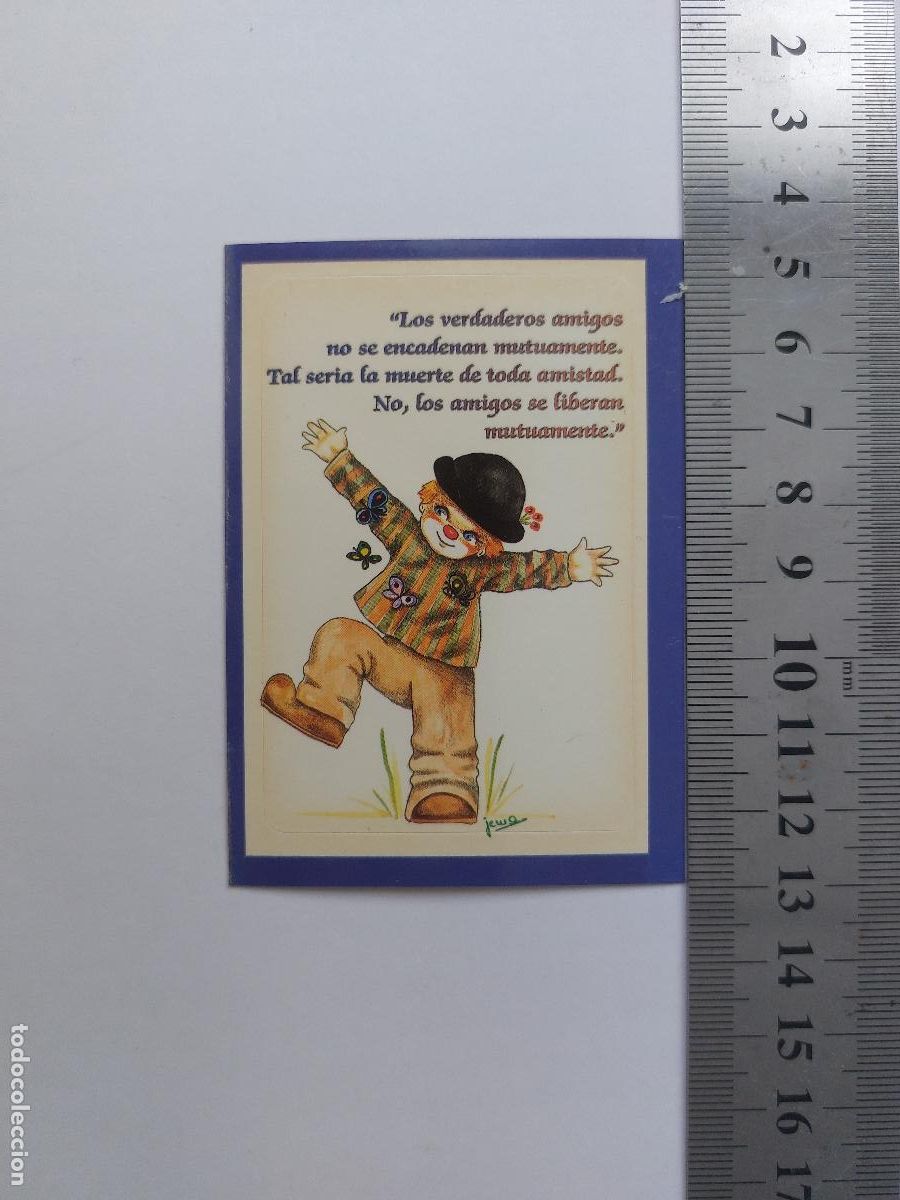 Postales: Estampa ilustrada con payaso y frase sobre la amistad