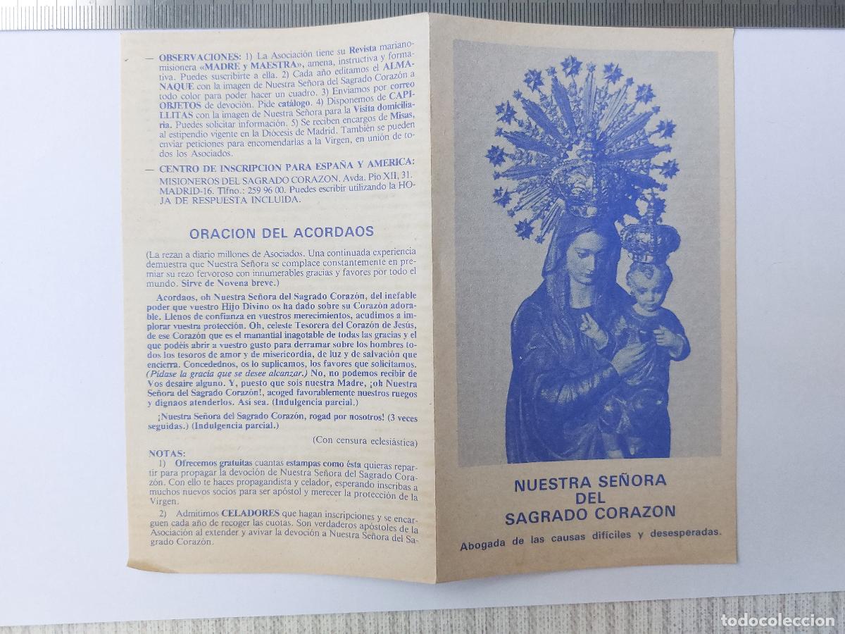 Postales: Estampa de Nuestra Se&ntilde;ora del Sagrado Coraz&oacute;n con informaci&oacute;n religiosa