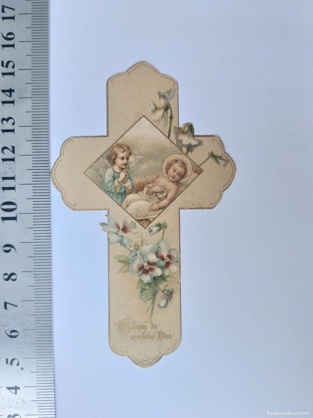 Postales: Estampa con forma de cruz y figuras religiosas &aacute;ngeles y ni&ntilde;o Jes&uacute;s