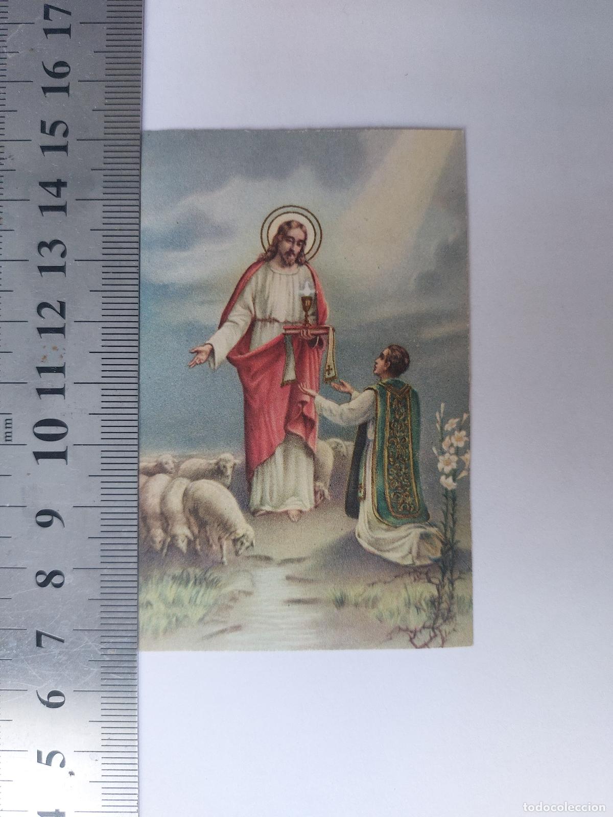 Postales: Estampa con ilustraci&oacute;n religiosa de Jesucristo y un sacerdote